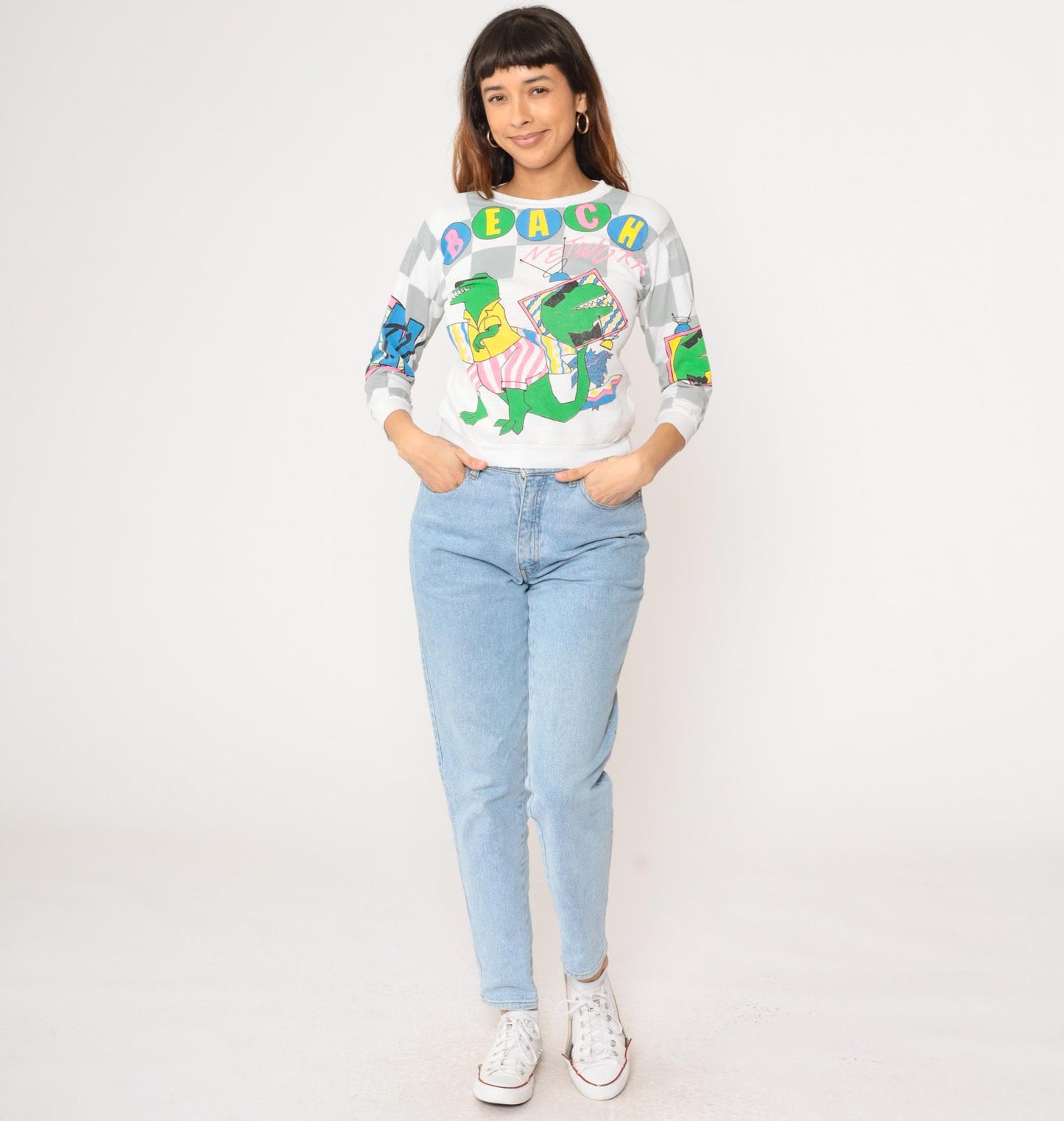 80s Beach Network Dinosaur T-Rex Sweatshirt Colorful All Over Print Extra Small