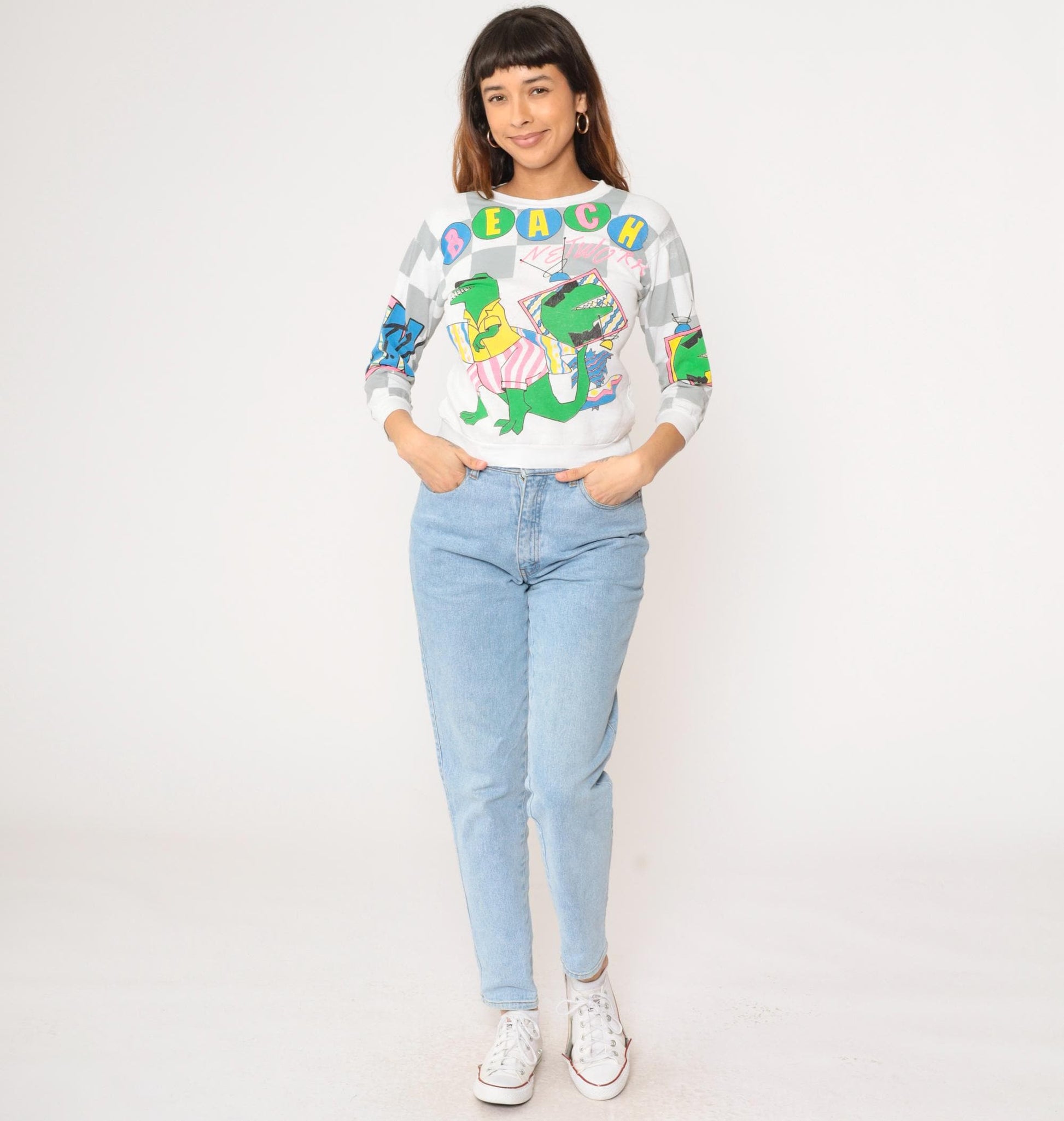 80s Beach Network Dinosaur T-Rex Sweatshirt Colorful All Over Print Extra Small