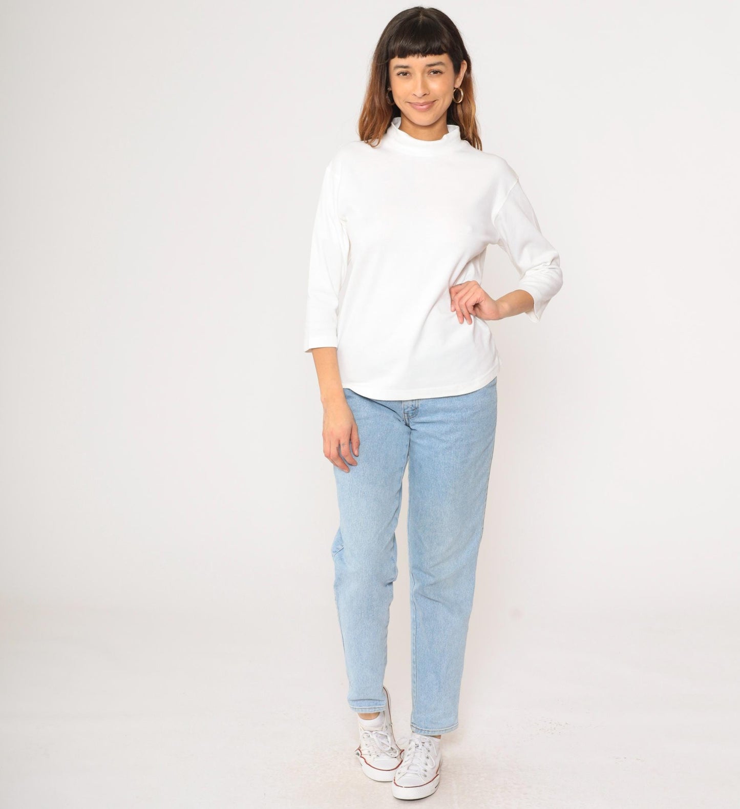 90s Norm Thompson White Mock Neck 3/4 Sleeve T-Shirt Small S