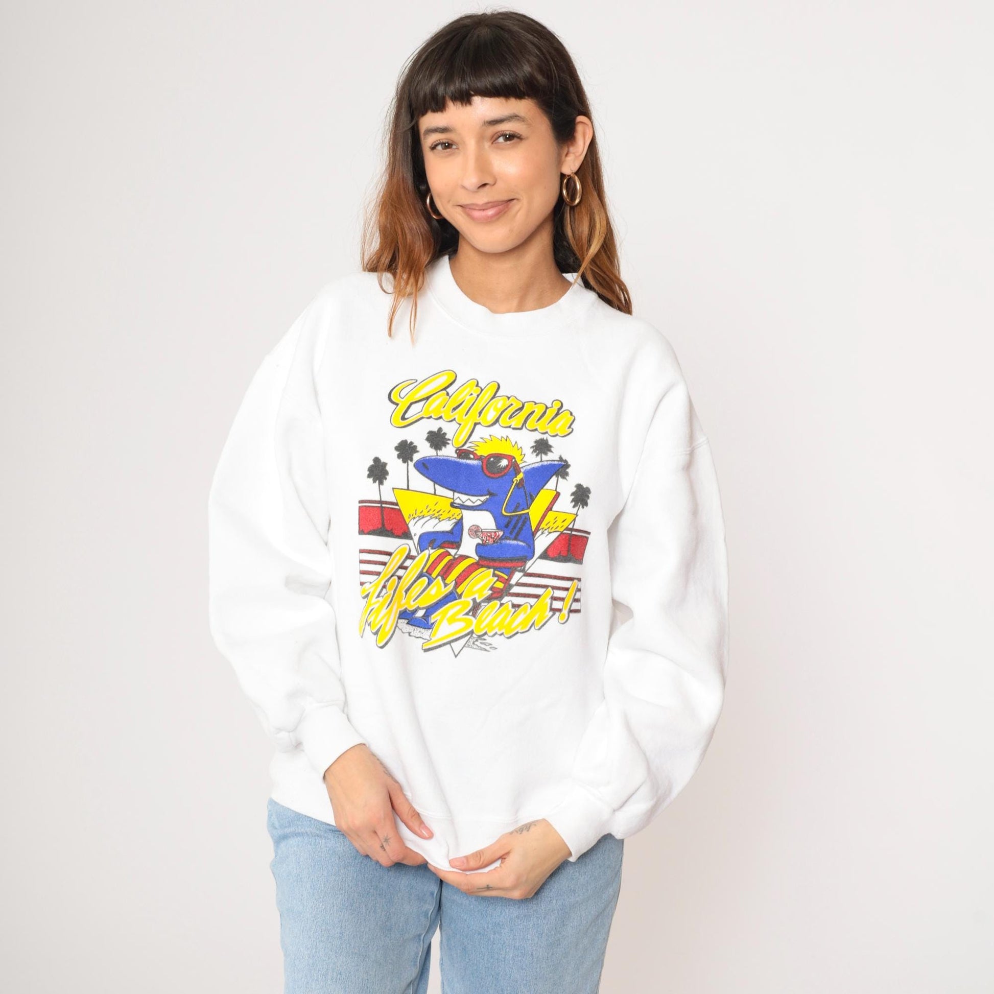 80s California Shark Sweatshirt Life's a Beach Graphic White Crewneck Extra Large XL