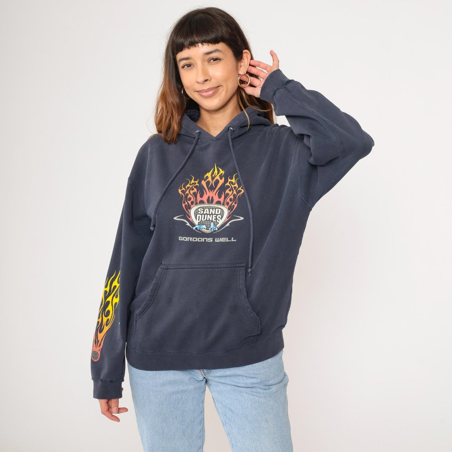 Y2K Gordons Well Sand Dunes Hoodie Navy Flame Graphic Pullover Small S