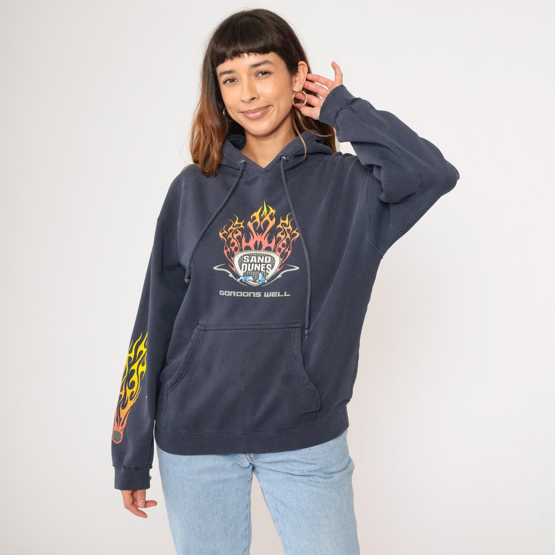 Y2K Gordons Well Sand Dunes Hoodie Navy Flame Graphic Pullover Small S