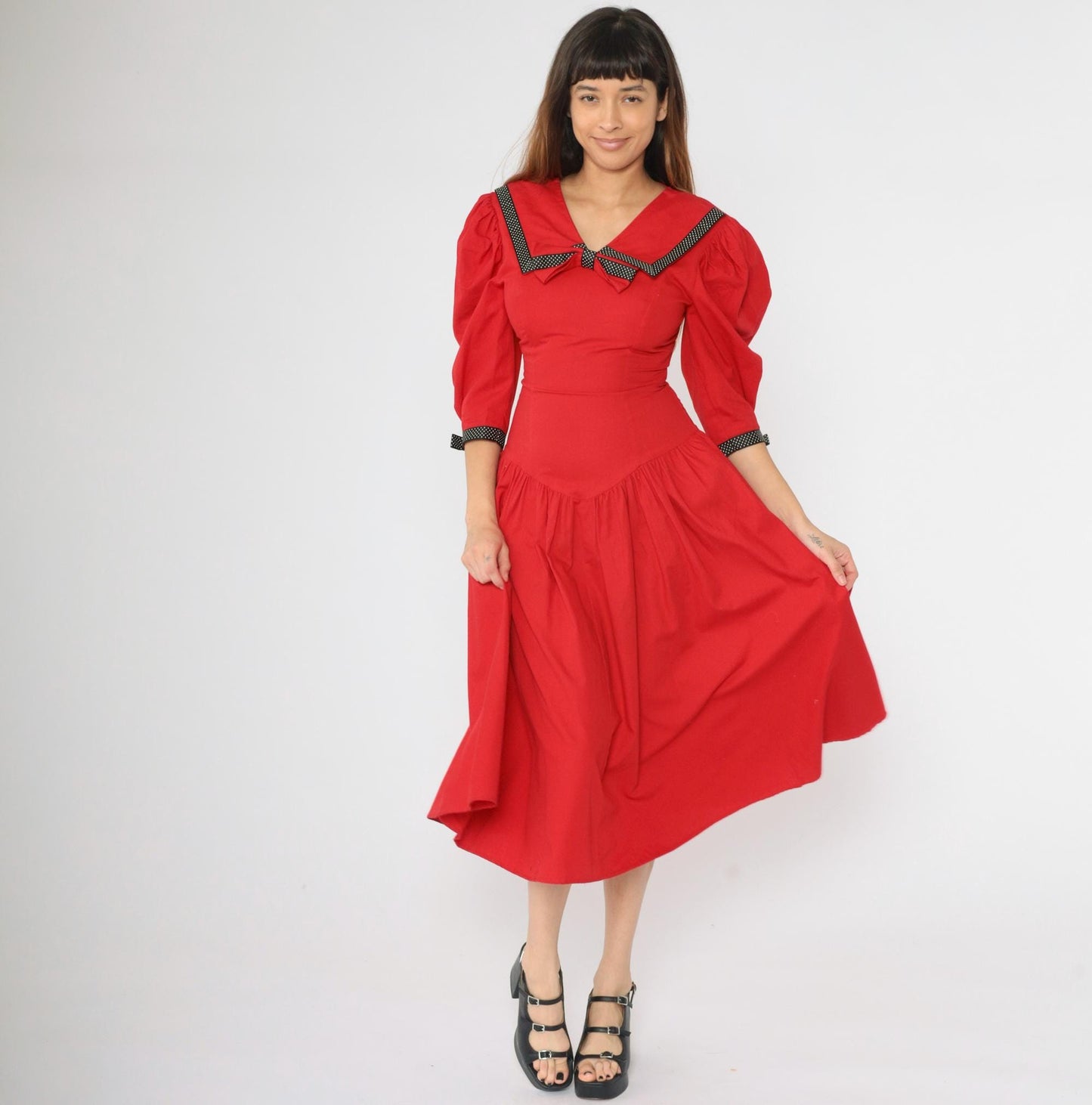 80s Red Nautical Sailor Collar Puff Sleeve Midi Dress Polka Dot Bow Small
