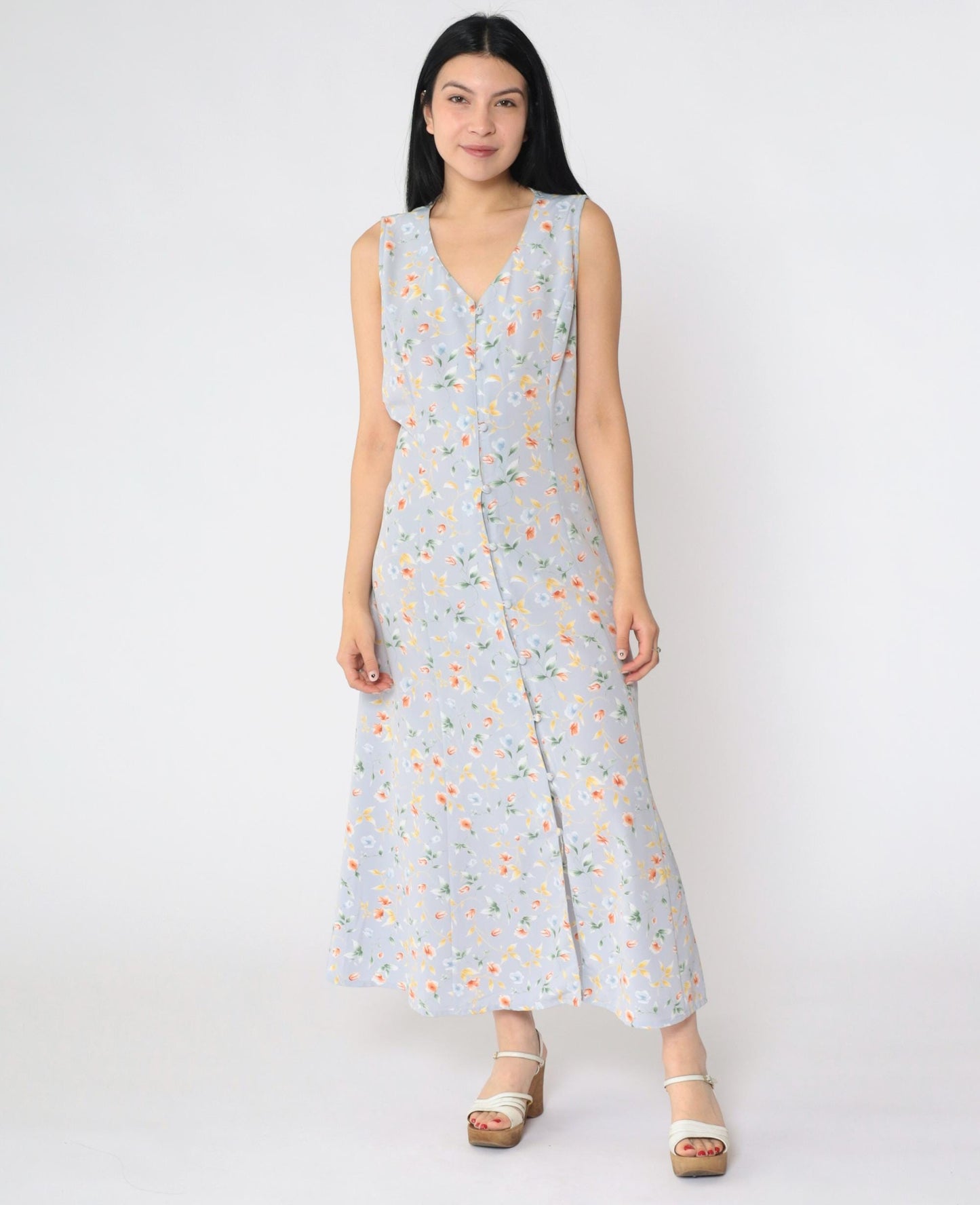 90s Grey-Blue Floral Maxi Dress Button-Up V-Neck Ankle Length Medium