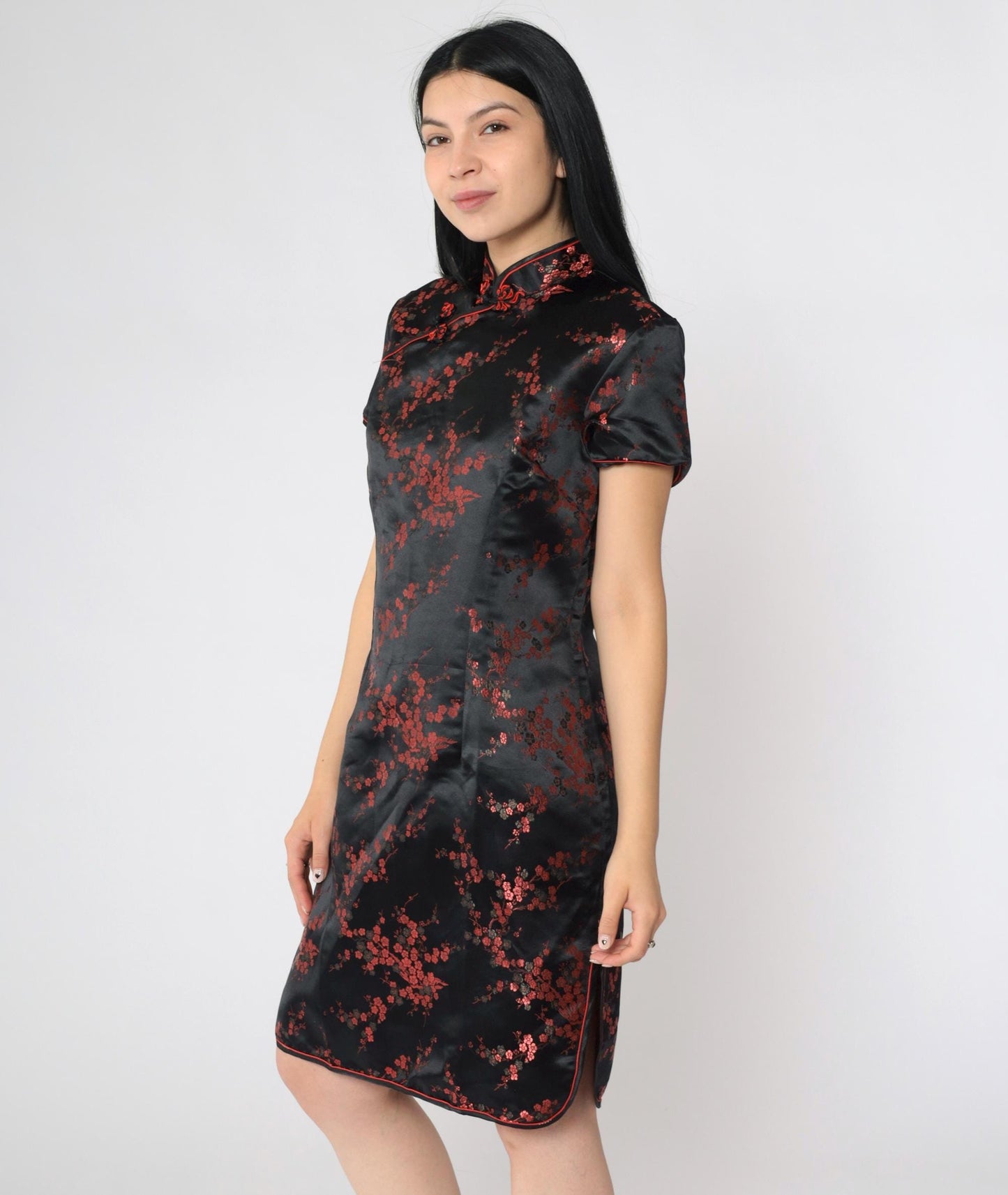 90s Black Satin Cheongsam Red Floral Jacquard Qipao Mini Dress Medium