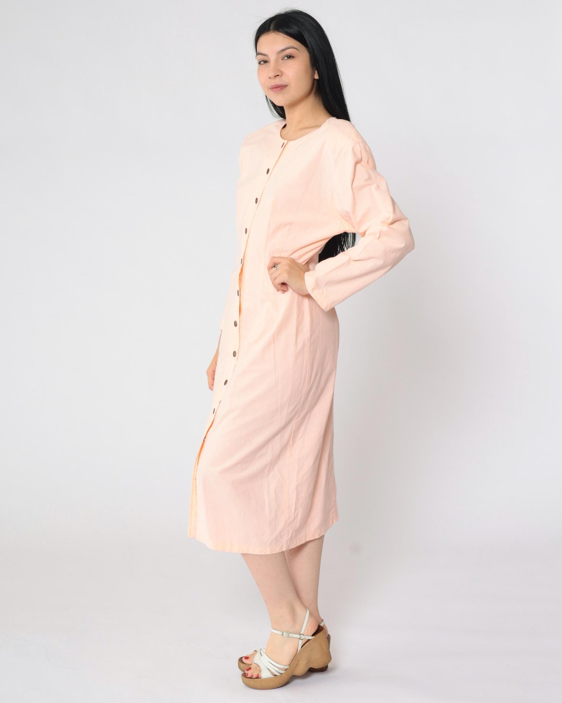 80s Luelle Pink Snap-Front Sheath Midi Dress Long Sleeve Small