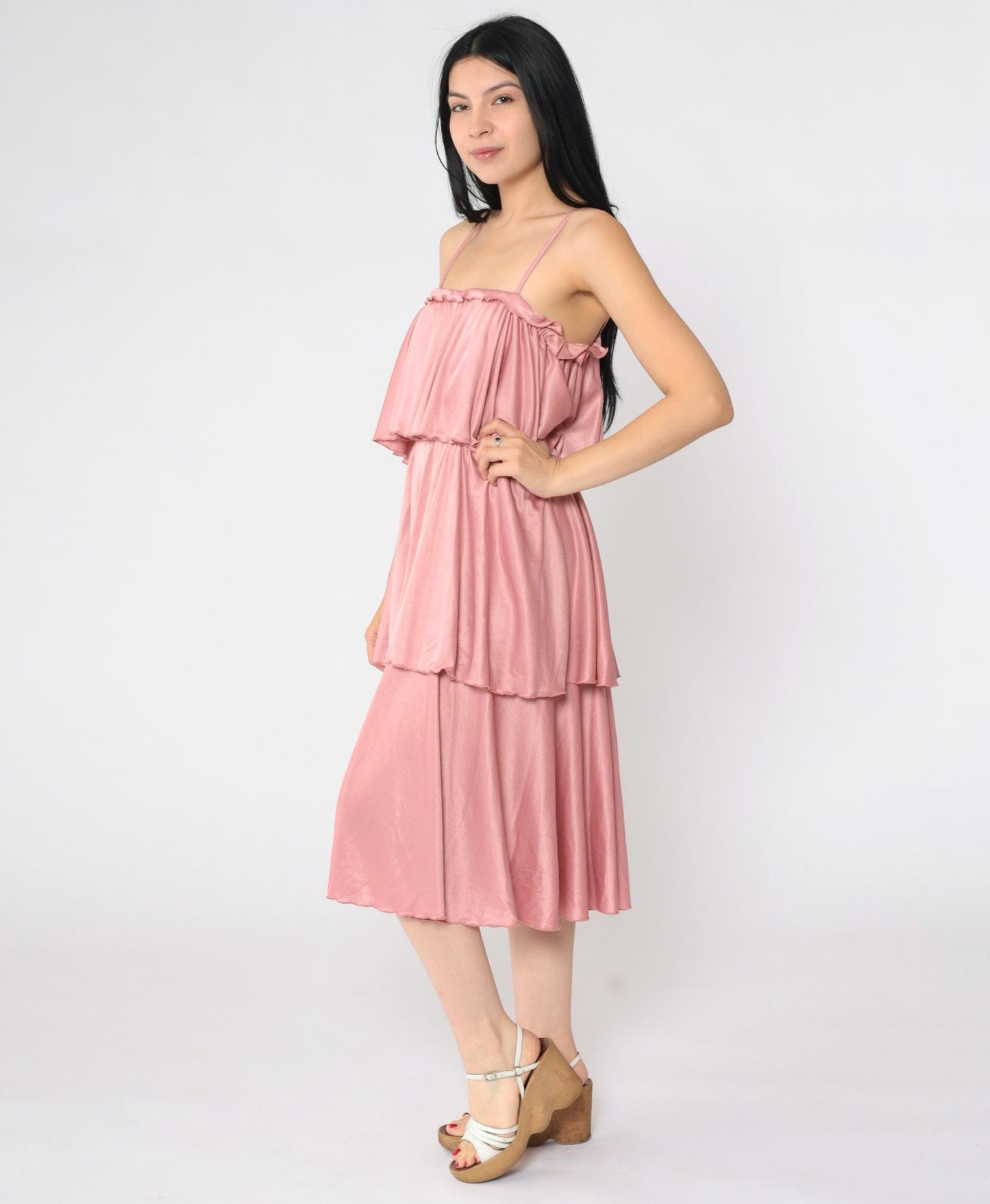 70s Tiered Disco Dress Pink Spaghetti Strap Midi Elastic Waist Medium