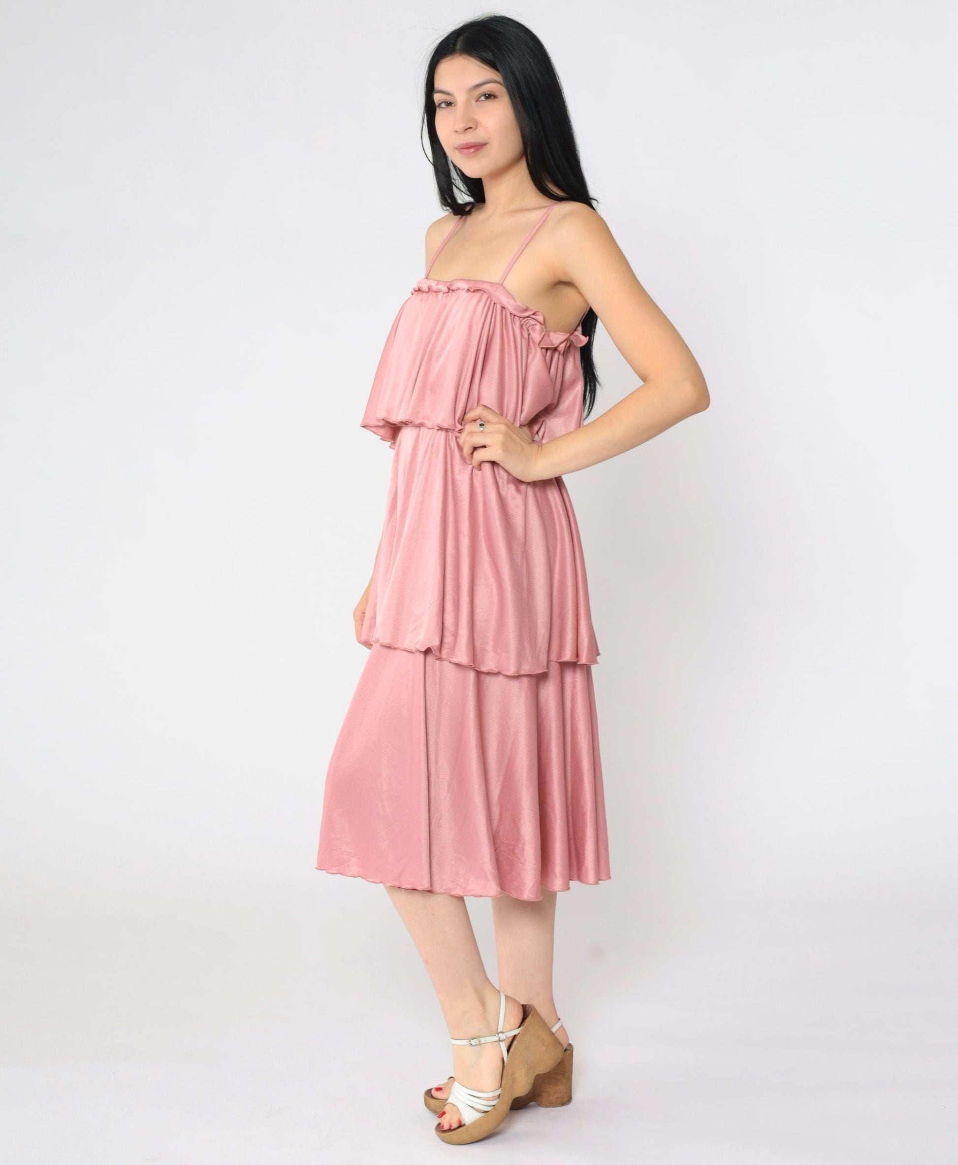 70s Tiered Disco Dress Pink Spaghetti Strap Midi Elastic Waist Medium