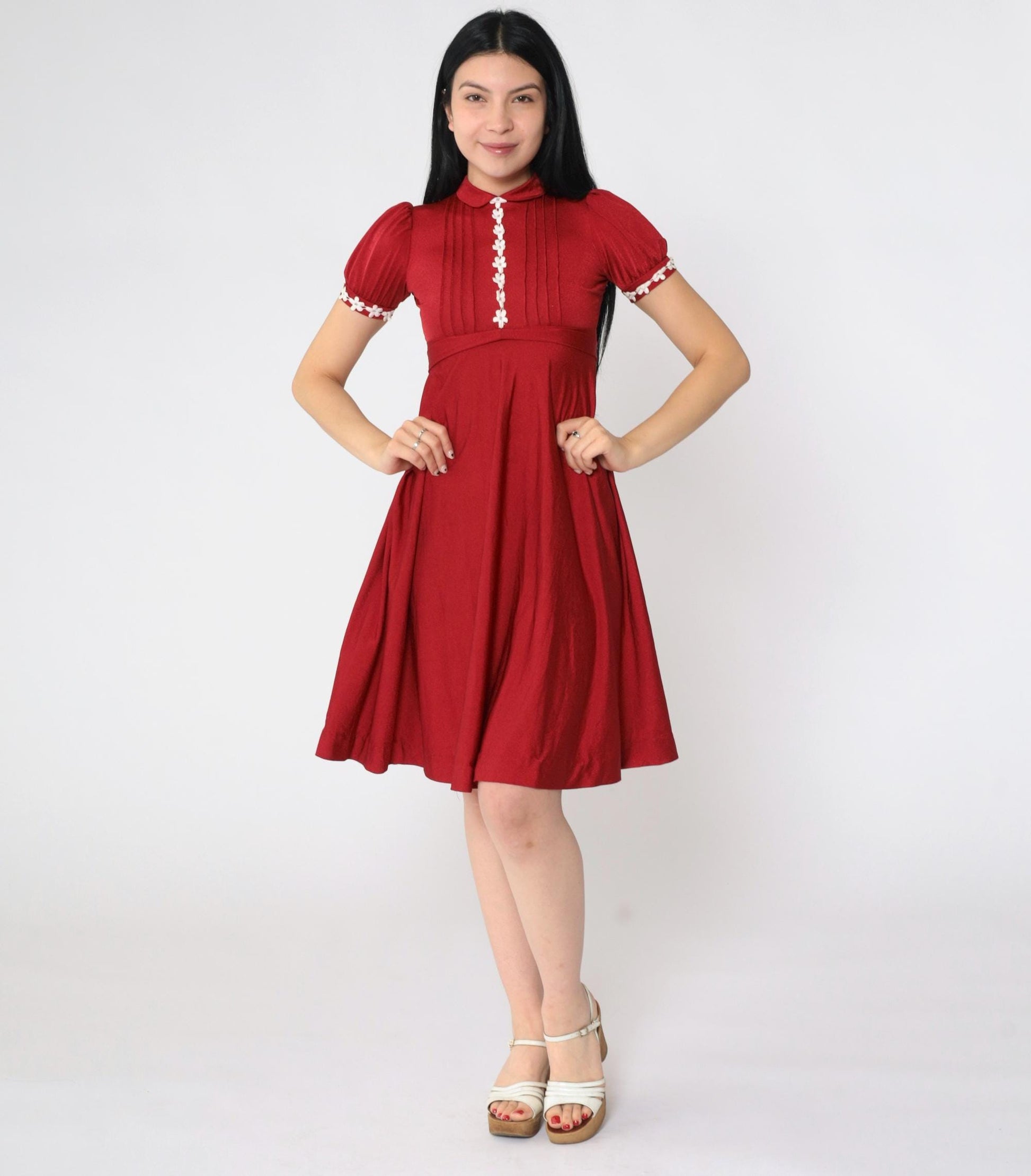 70s Red Babydoll Mini Dress Peter Pan Collar Puff Sleeve Lace Trim XXS