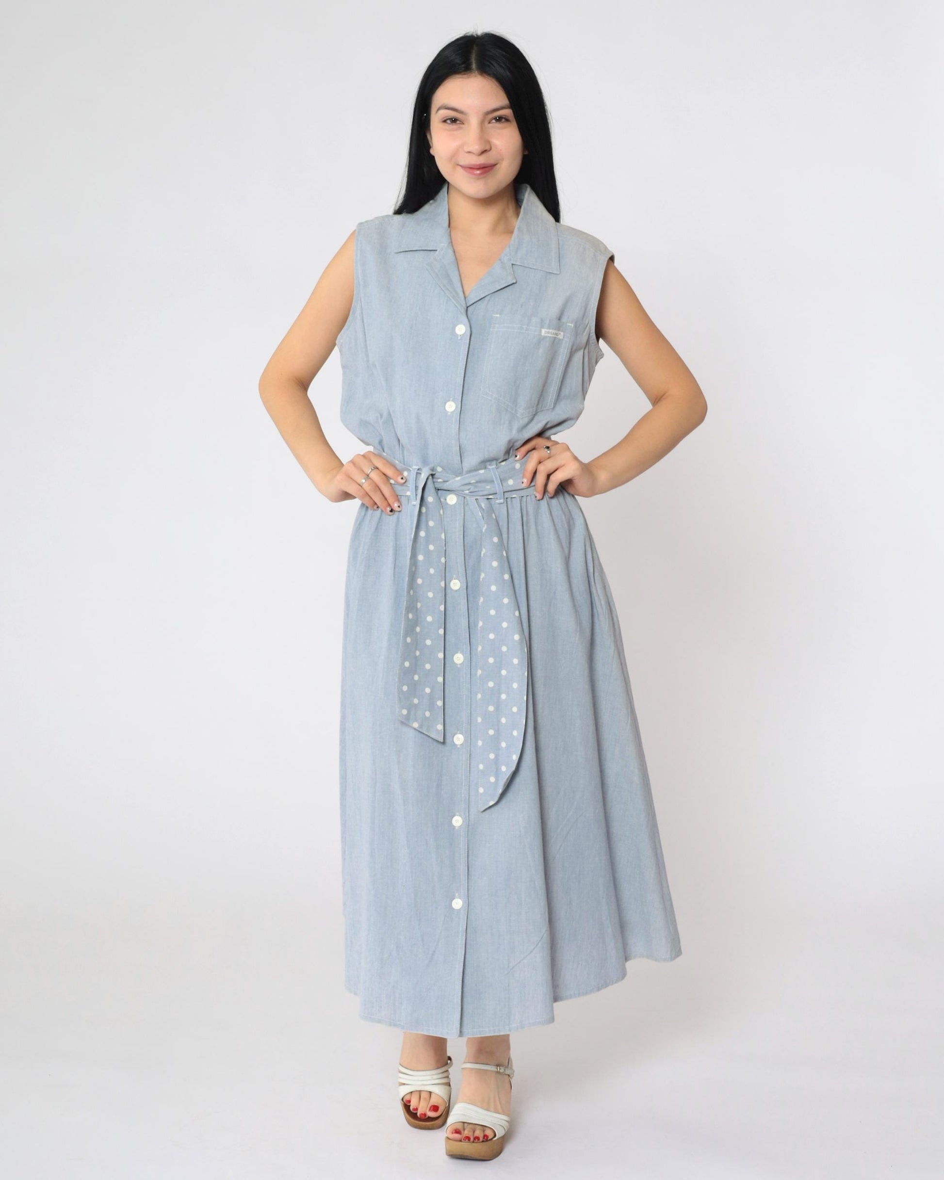 80s Blue Chambray Sleeveless Shirt Dress Polka Dot Sash Pockets Medium