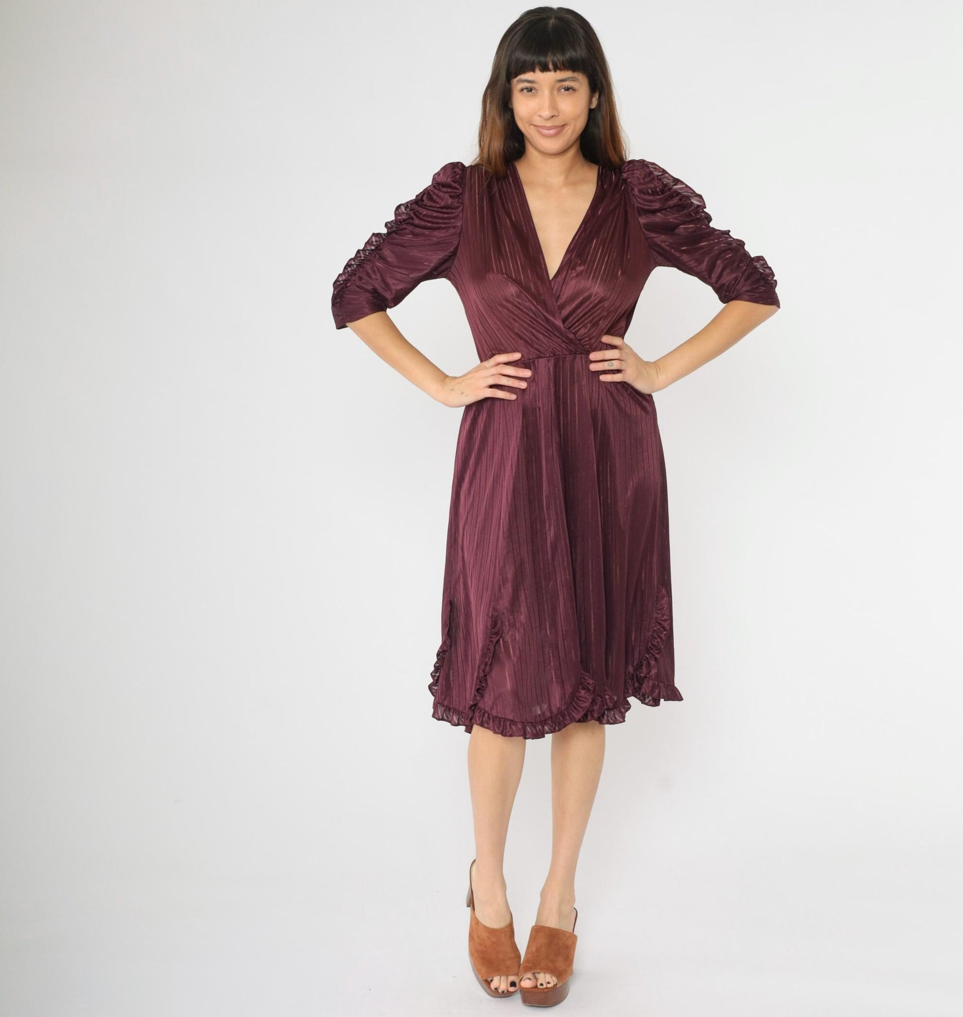 80s Plum Midi Dress Puff Sleeve Faux Wrap V-Neck Sheer Striped Medium M