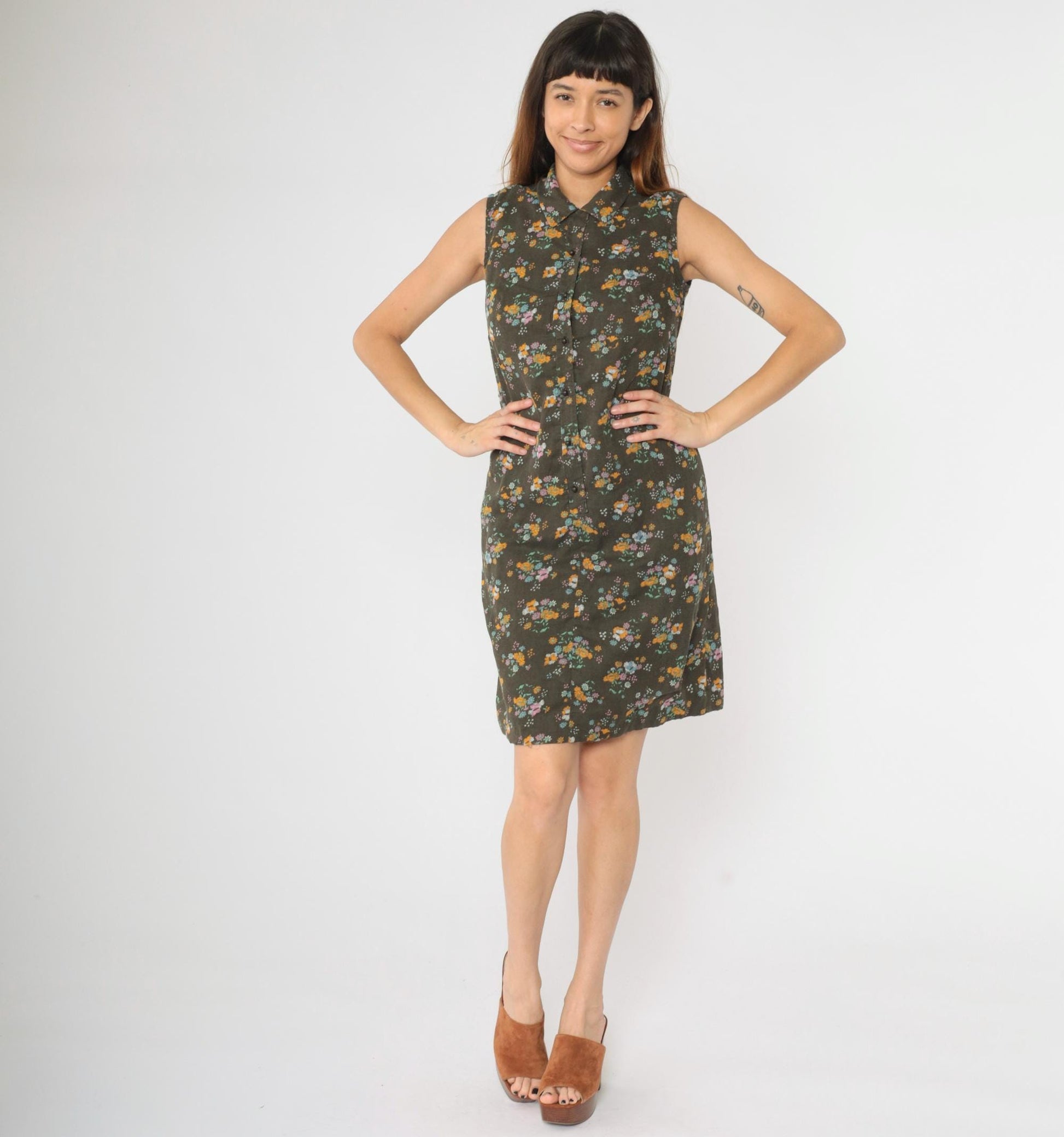 1960s Brown Floral Butterfly Shift Dress Sleeveless Button-Up Small