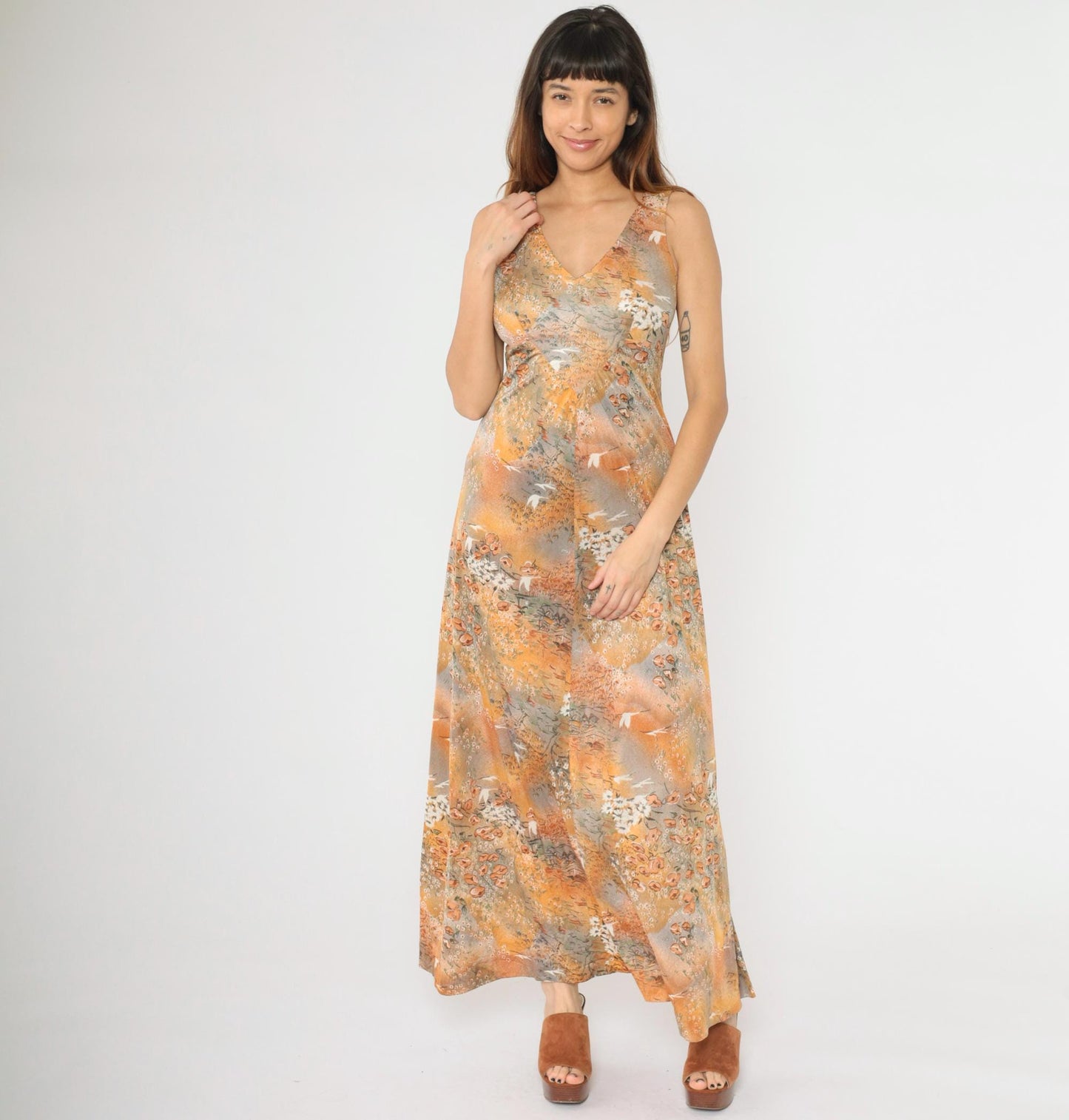 70s Floral Crane Print Maxi Dress Empire Waist V-Neck Grey Orange Small S