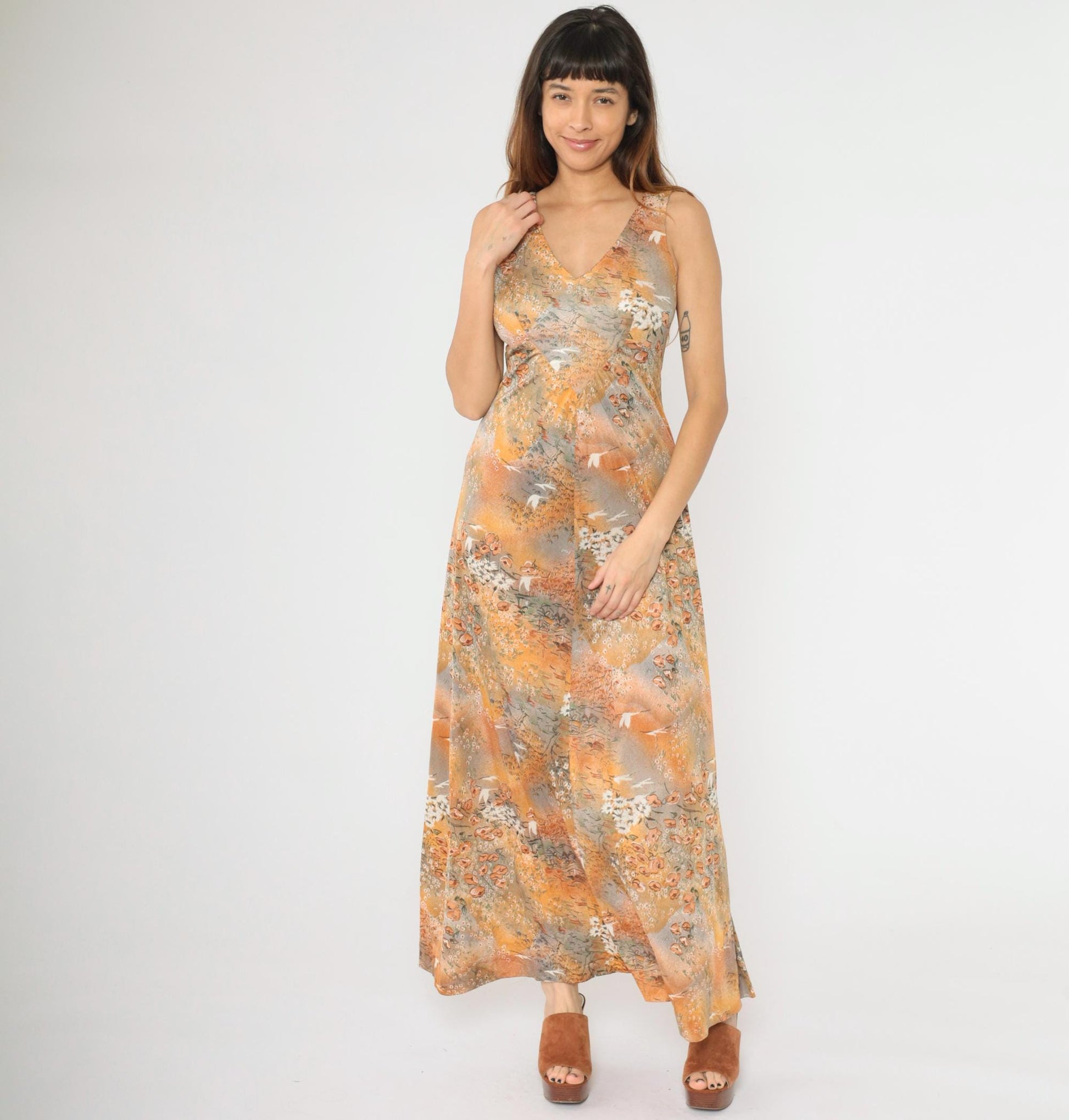 70s Floral Crane Print Maxi Dress Empire Waist V-Neck Grey Orange Small S