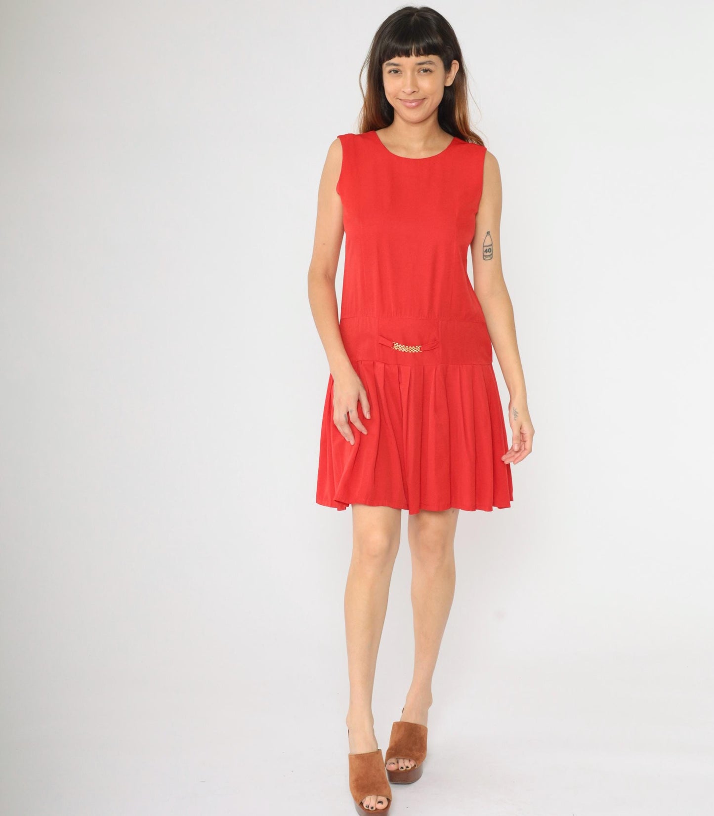 90s Red Mod Shift Dress Drop Waist Pleated Gold Accent Small S