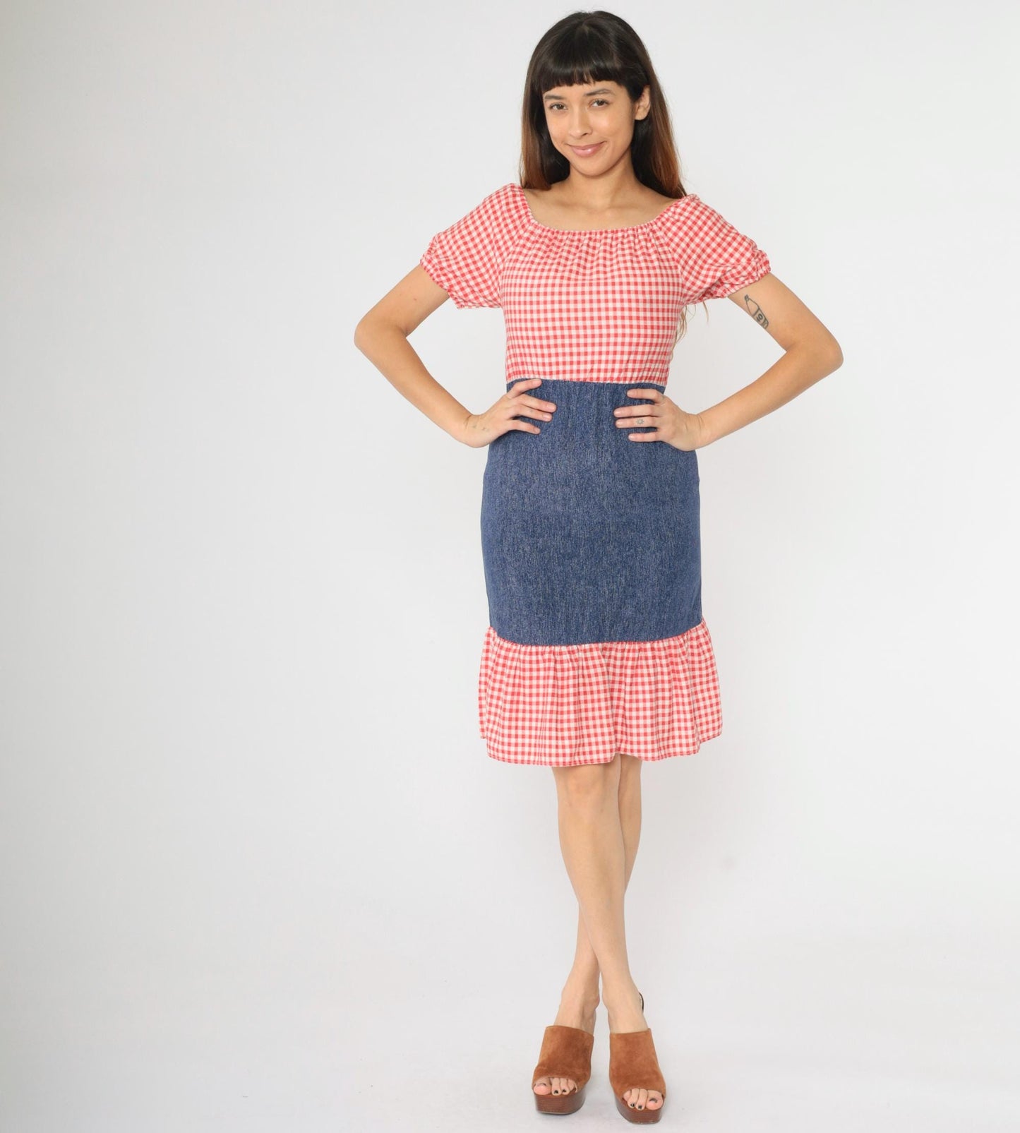 70s Red Gingham Peasant Dress Puff Sleeve Mini Chambray Skirt 2XS