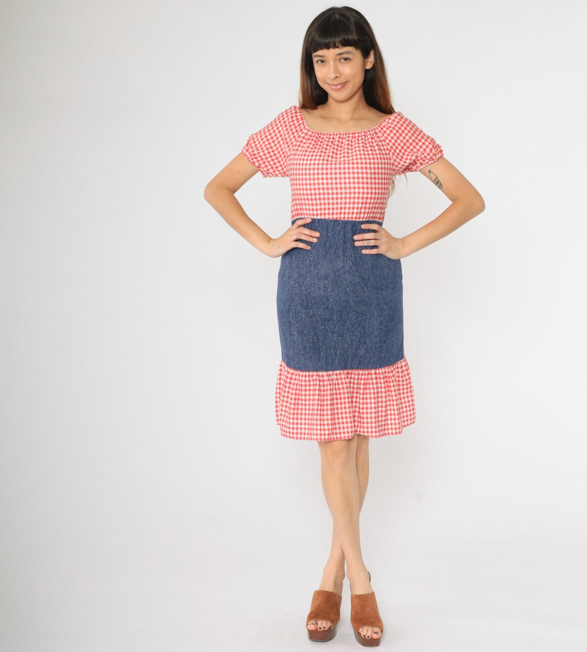 70s Red Gingham Peasant Dress Puff Sleeve Mini Chambray Skirt 2XS