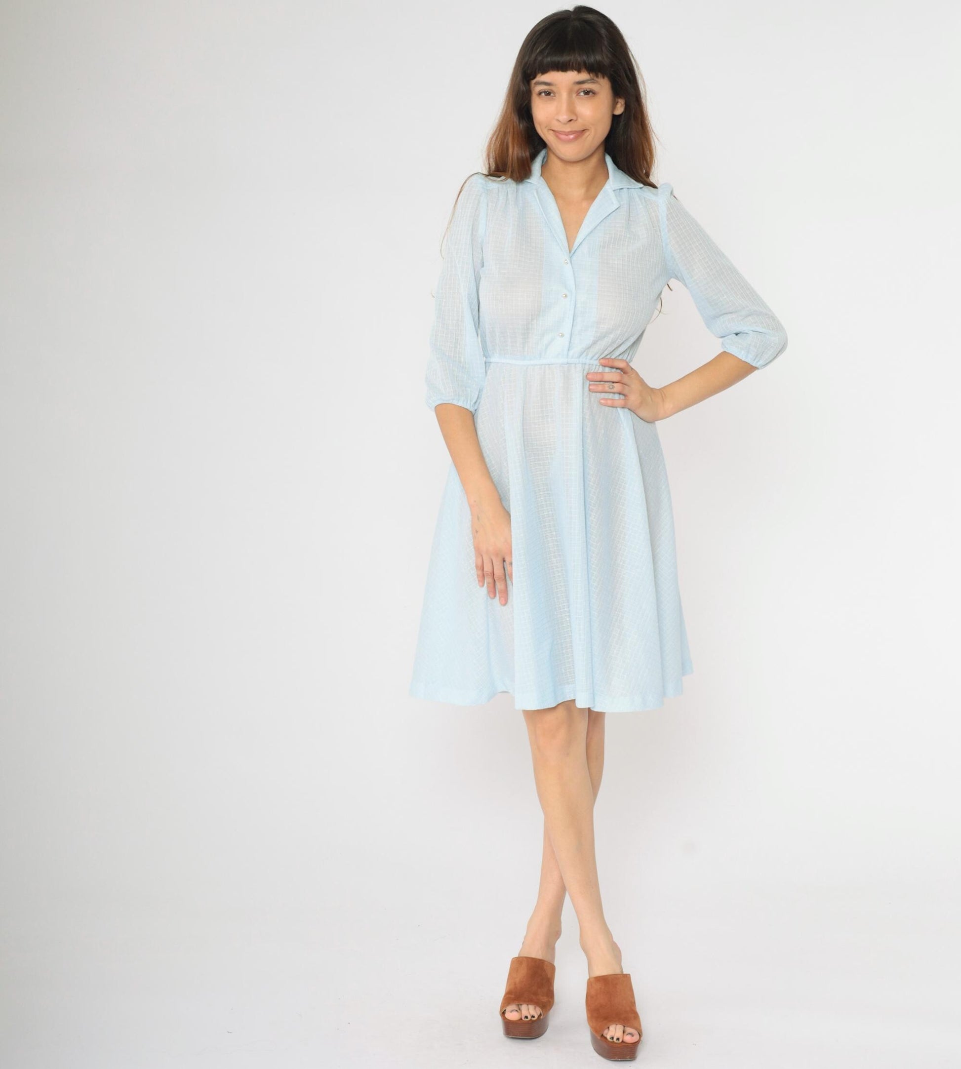 70s Light Blue Sheer Midi Dress Puff Sleeve Button Front Grid Pattern Small