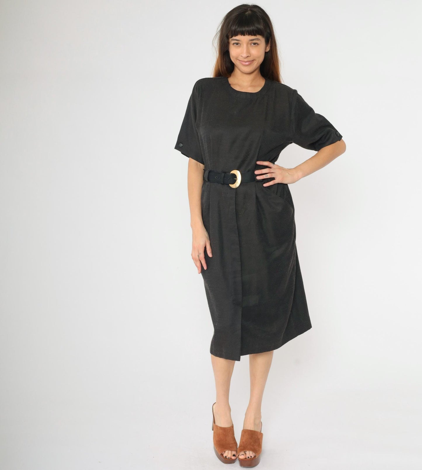 80s Black Midi Dress Button Back High Waist Belt Gold Buckle Medium Petite