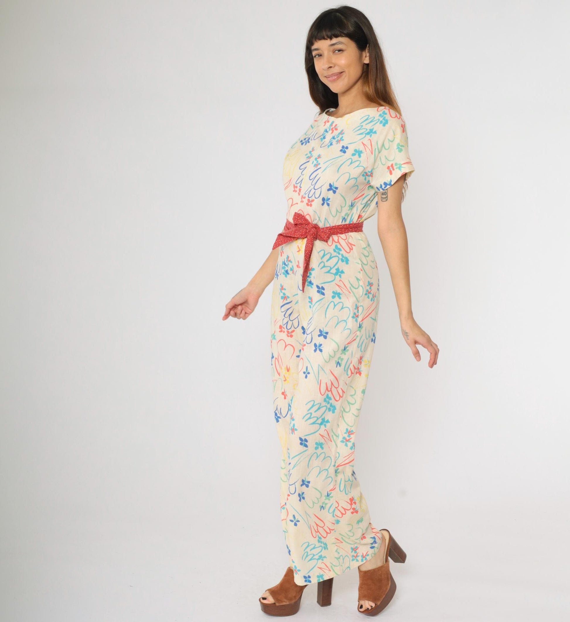 70s Floral Wide Leg Jumpsuit Off-White Short Sleeve Zip Back Small Medium