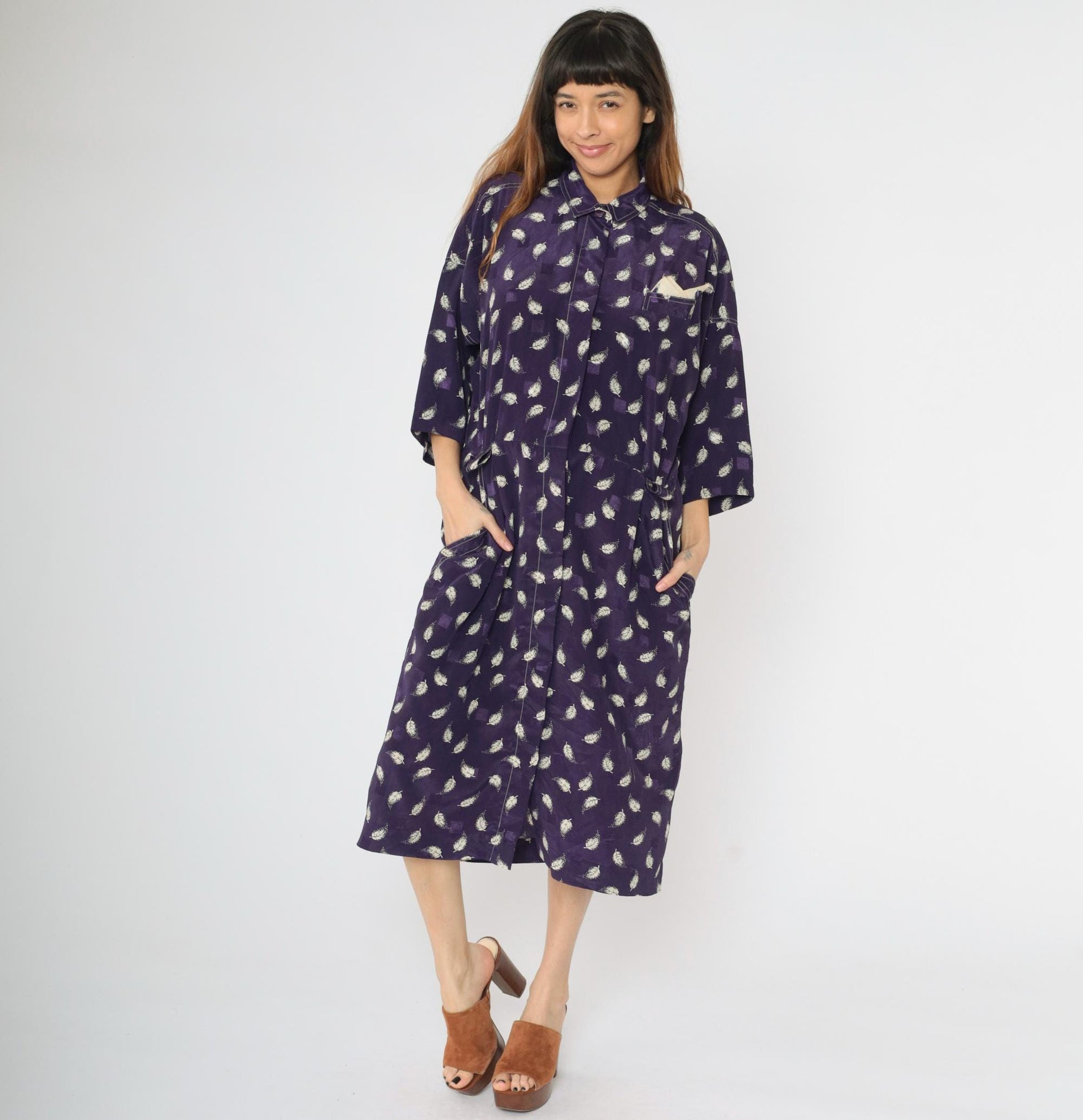 80s Leslie Fay Purple Leaf Embossed Grid Midi Shirtdress Large XL