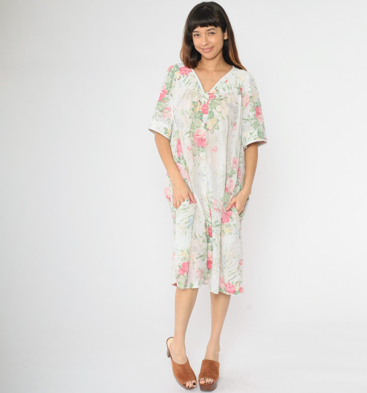 80s Floral Lounge Dress White Snap-Front Nightgown Pockets Extra Large