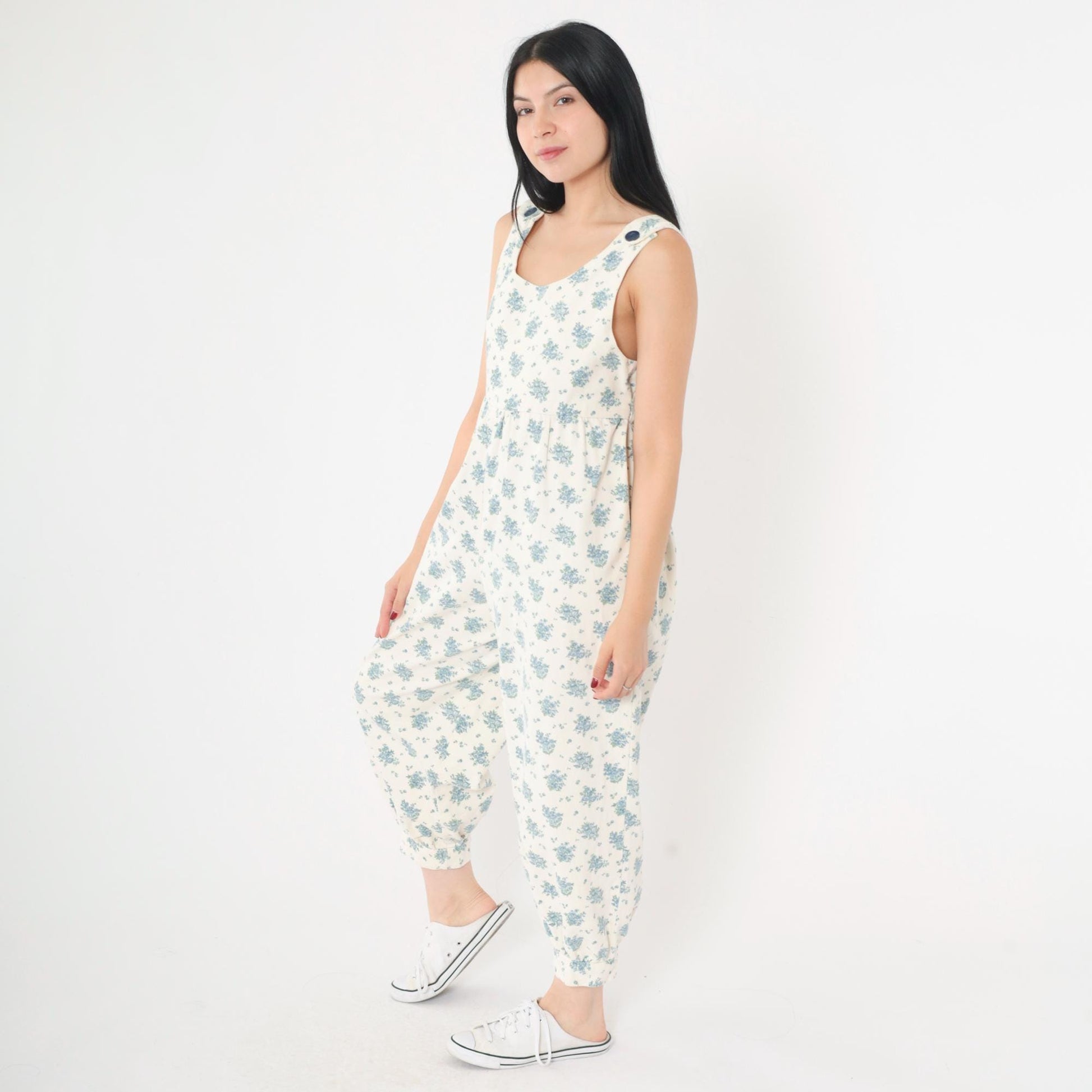 80s Floral Jumpsuit Off-White Blue Sleeveless Harem Tapered Ankle Extra Small