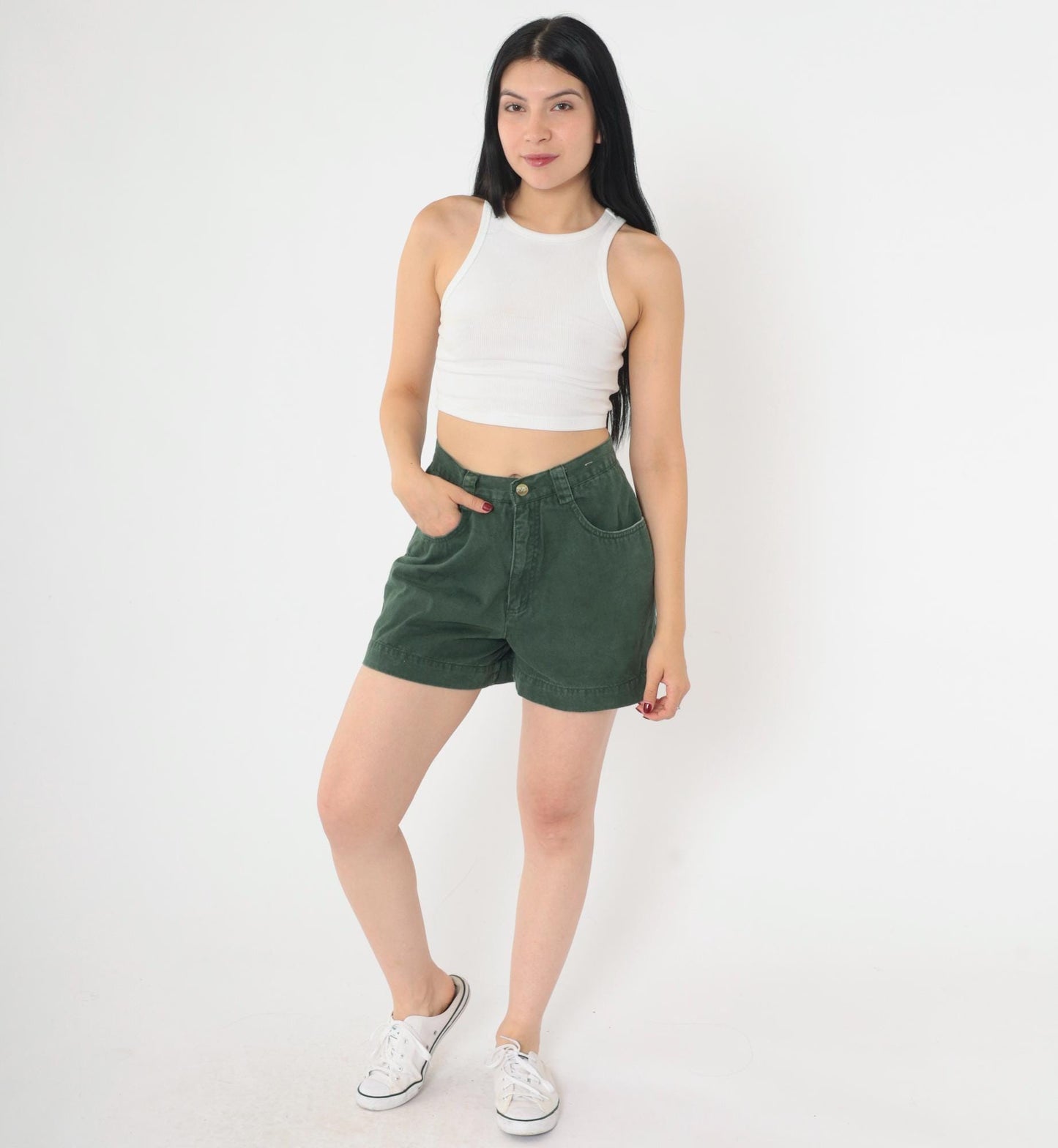 90s Dark Green Cotton Cargo Shorts High Waist Utility Pockets Small 3