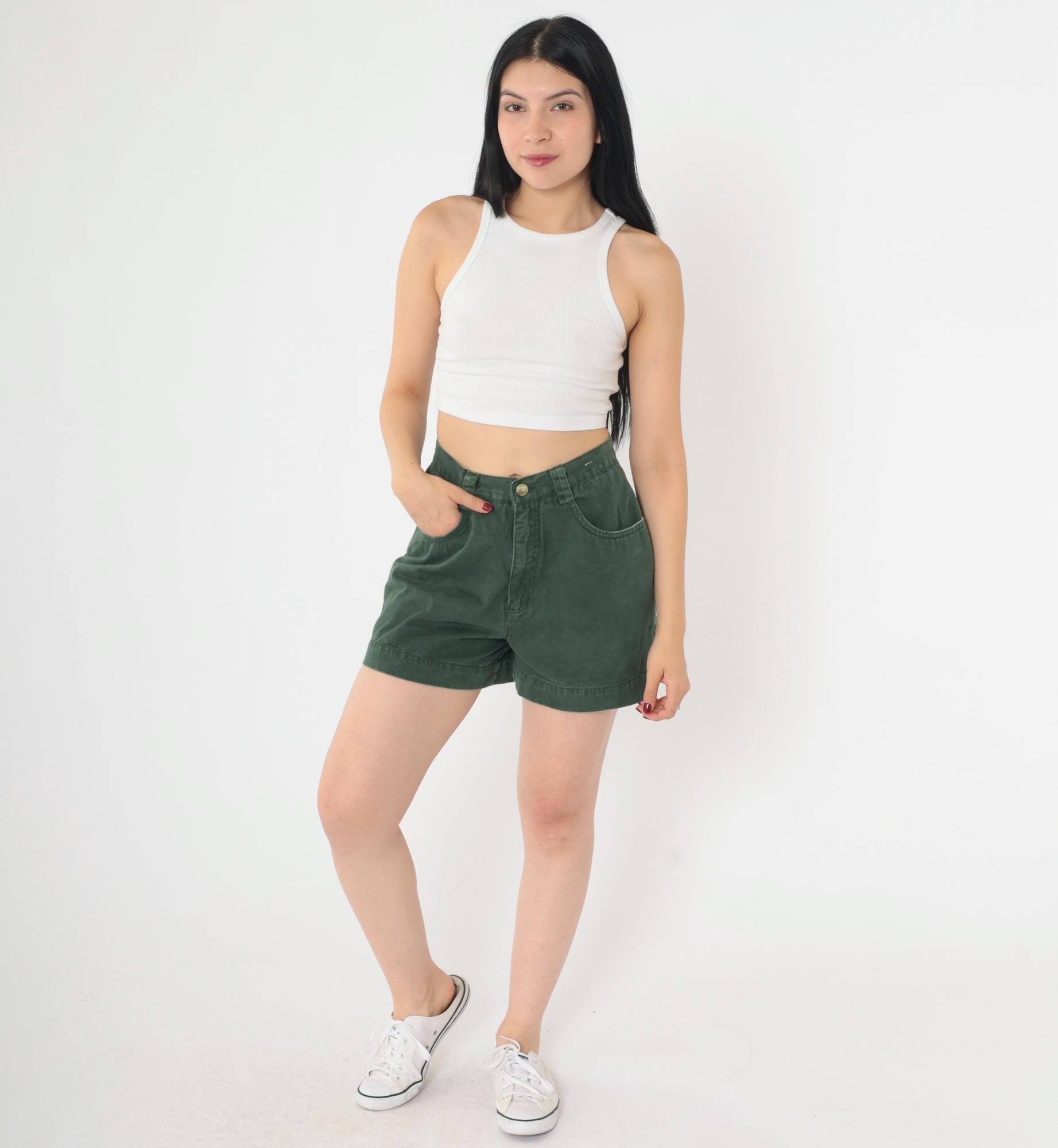 90s Dark Green Cotton Cargo Shorts High Waist Utility Pockets Small 3