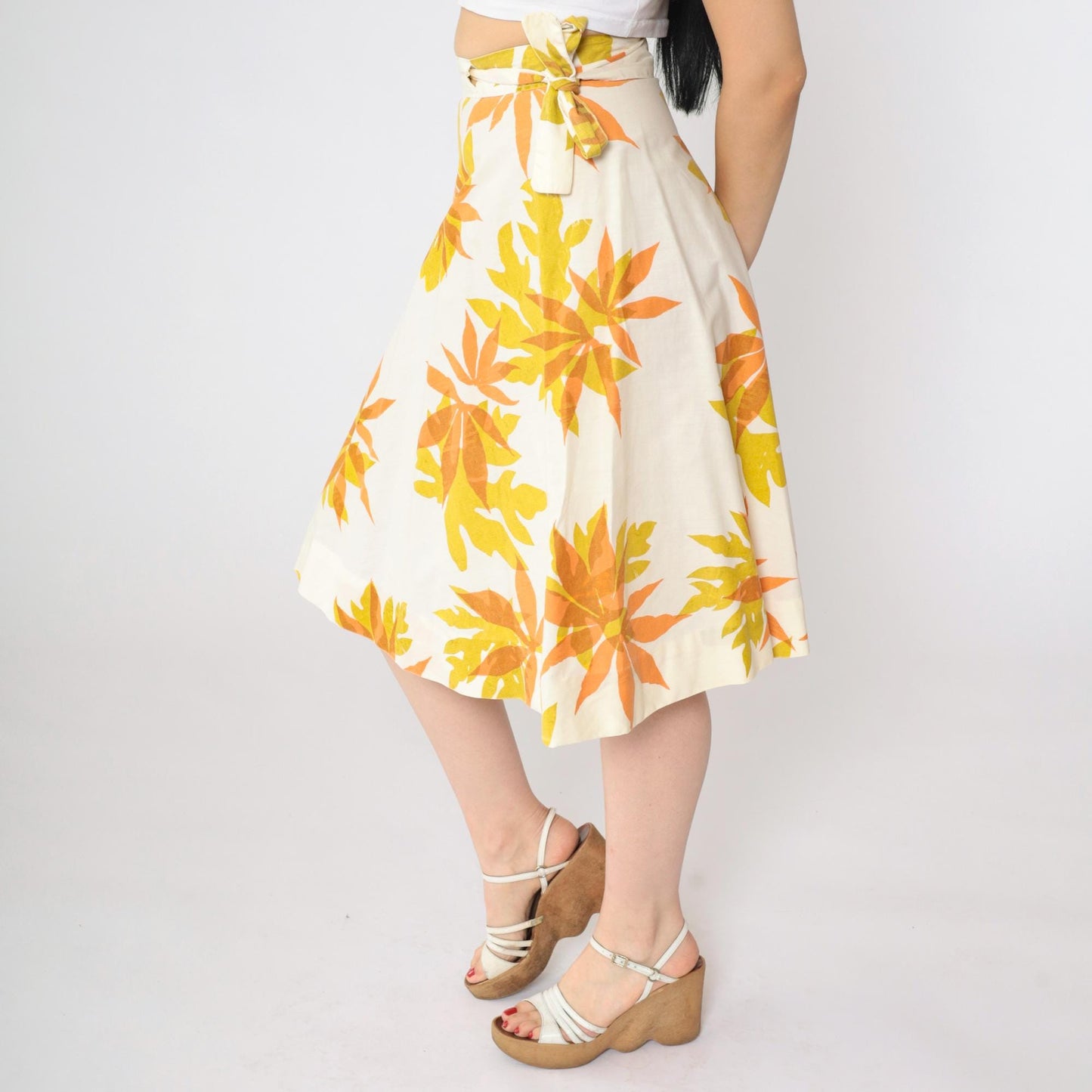 70s Tropical Floral Wrap Midi Skirt White Mustard Orange Small