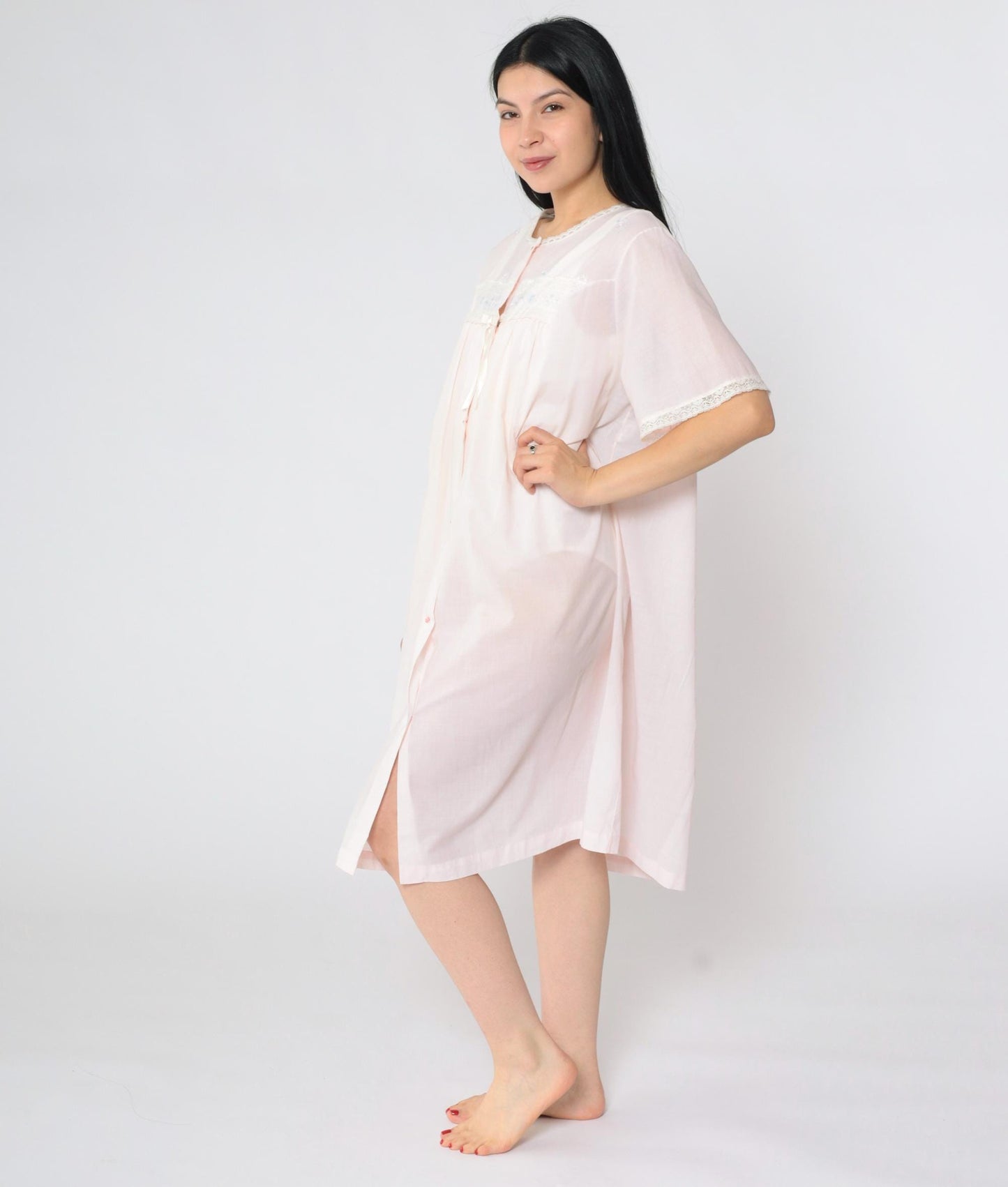 70s Shadowline Pink Robe Lace Floral Embroidered Button-Up Nightgown Large L