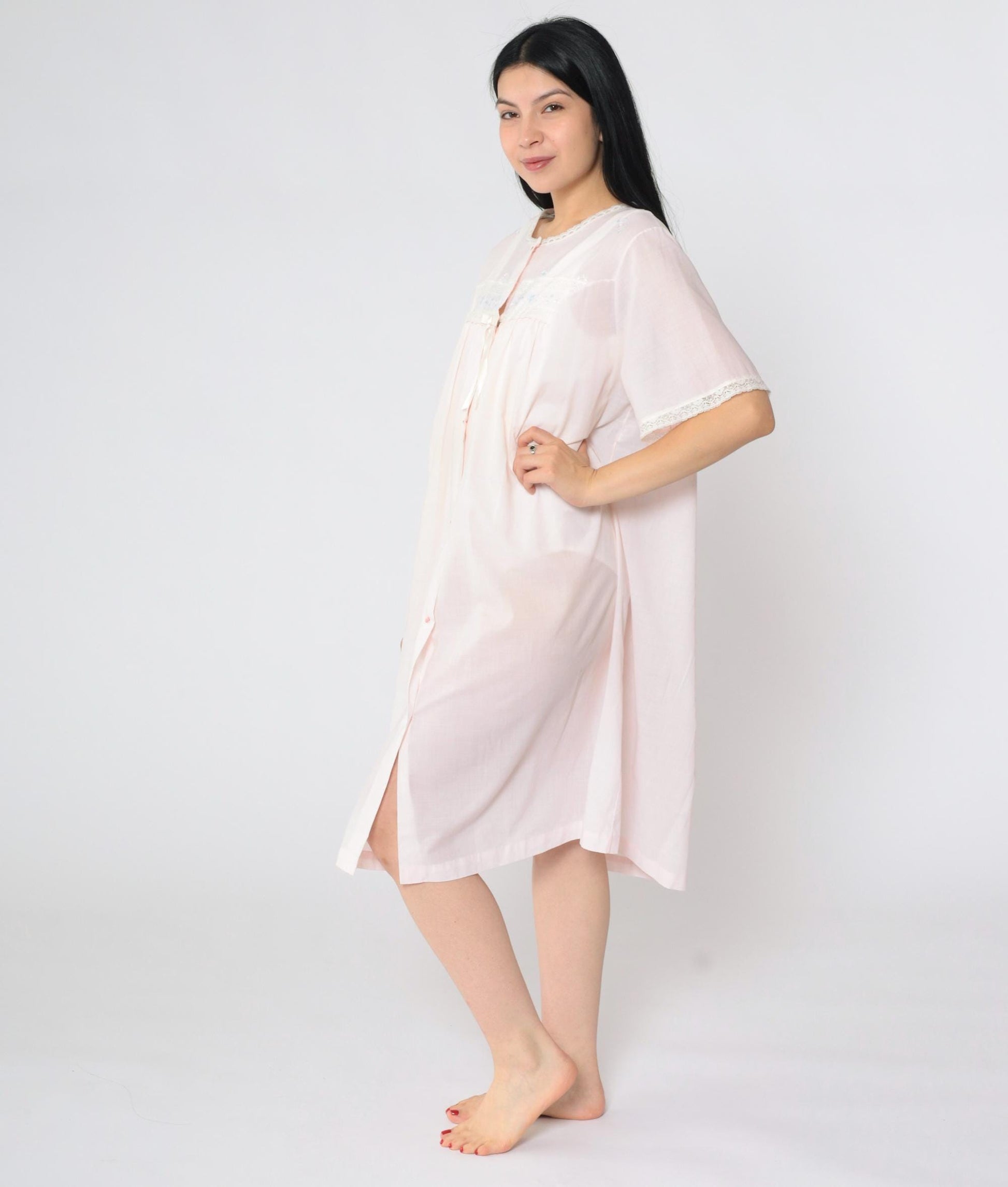70s Shadowline Pink Robe Lace Floral Embroidered Button-Up Nightgown Large L