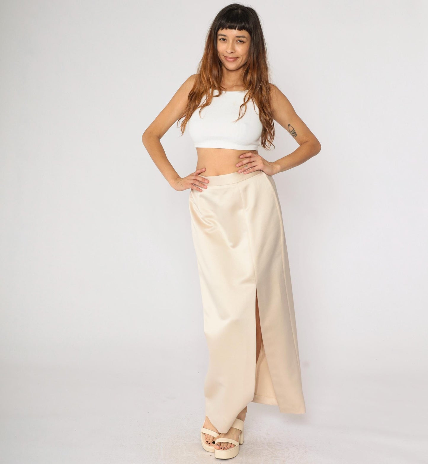 90s JR Nites Cream Satin Maxi Skirt High Front Slit Column Small