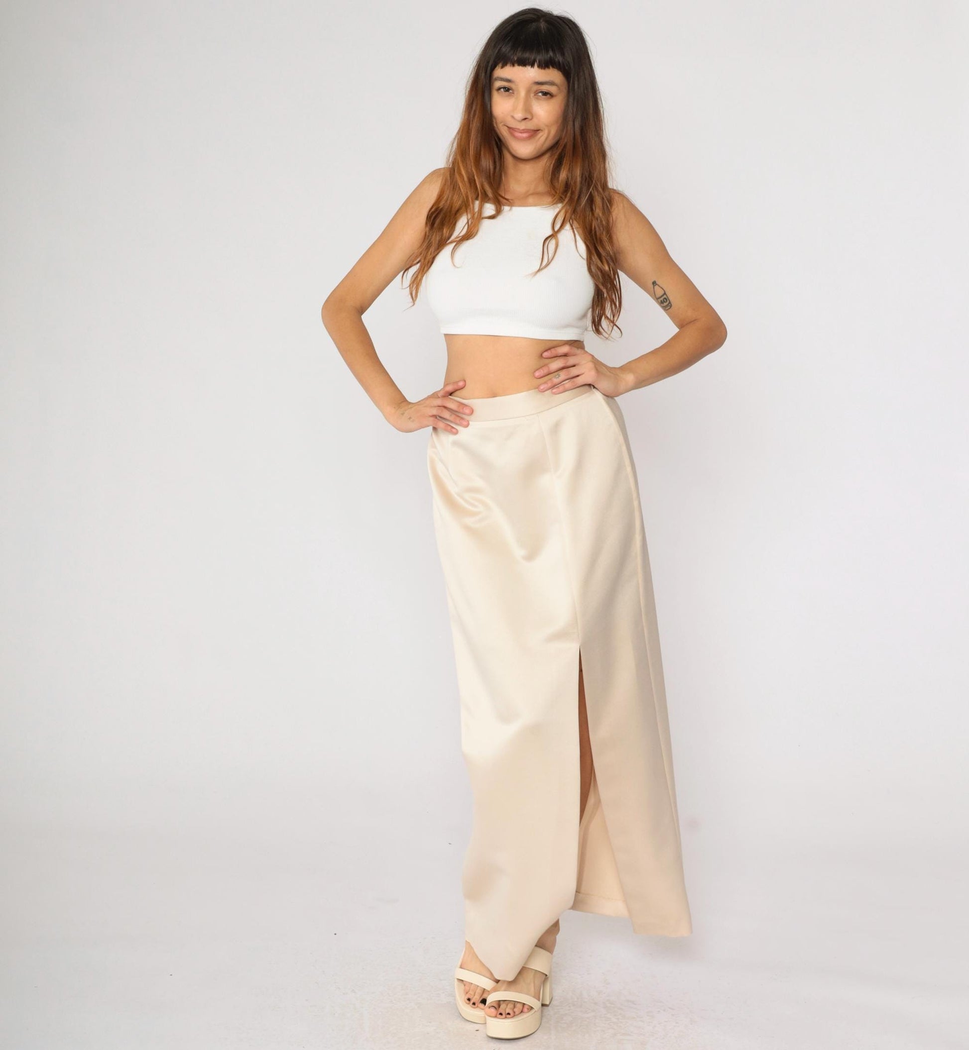 90s JR Nites Cream Satin Maxi Skirt High Front Slit Column Small
