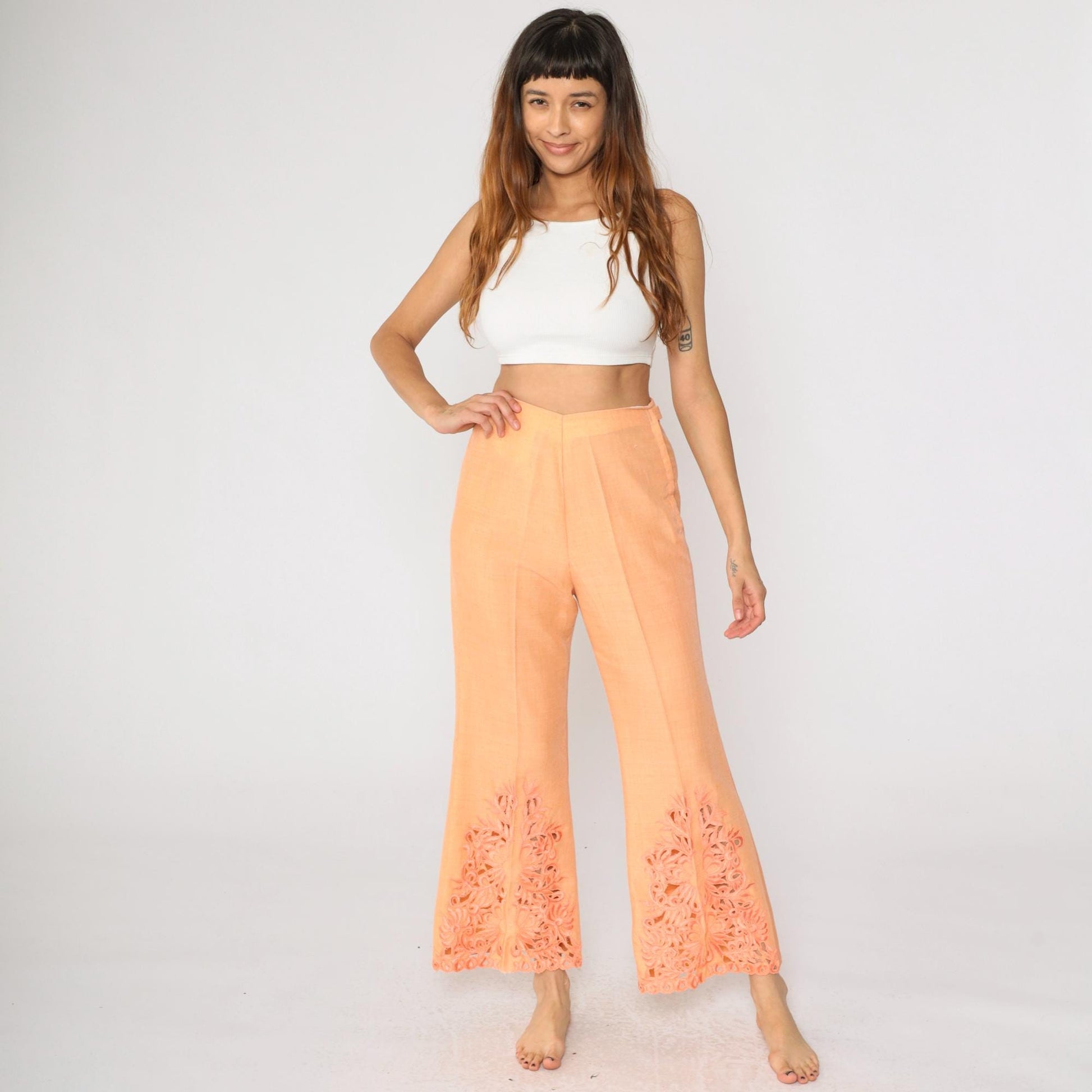70s Orange Lace Cutwork Bell Bottom Pants High Rise Flared Small