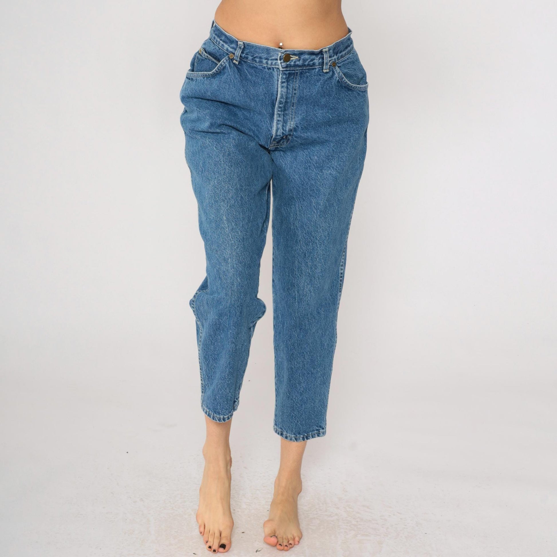 80s Chic High-Waisted Cropped Tapered Jeans Blue Denim Medium