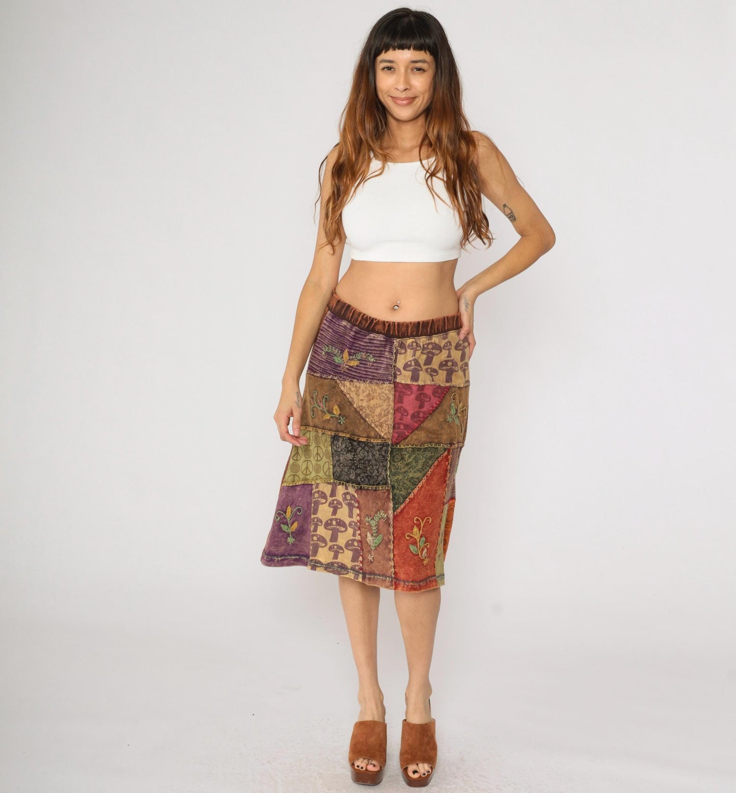 Y2K Patchwork Midi Skirt Brown Mushroom Floral Peace Sign Cotton Large L