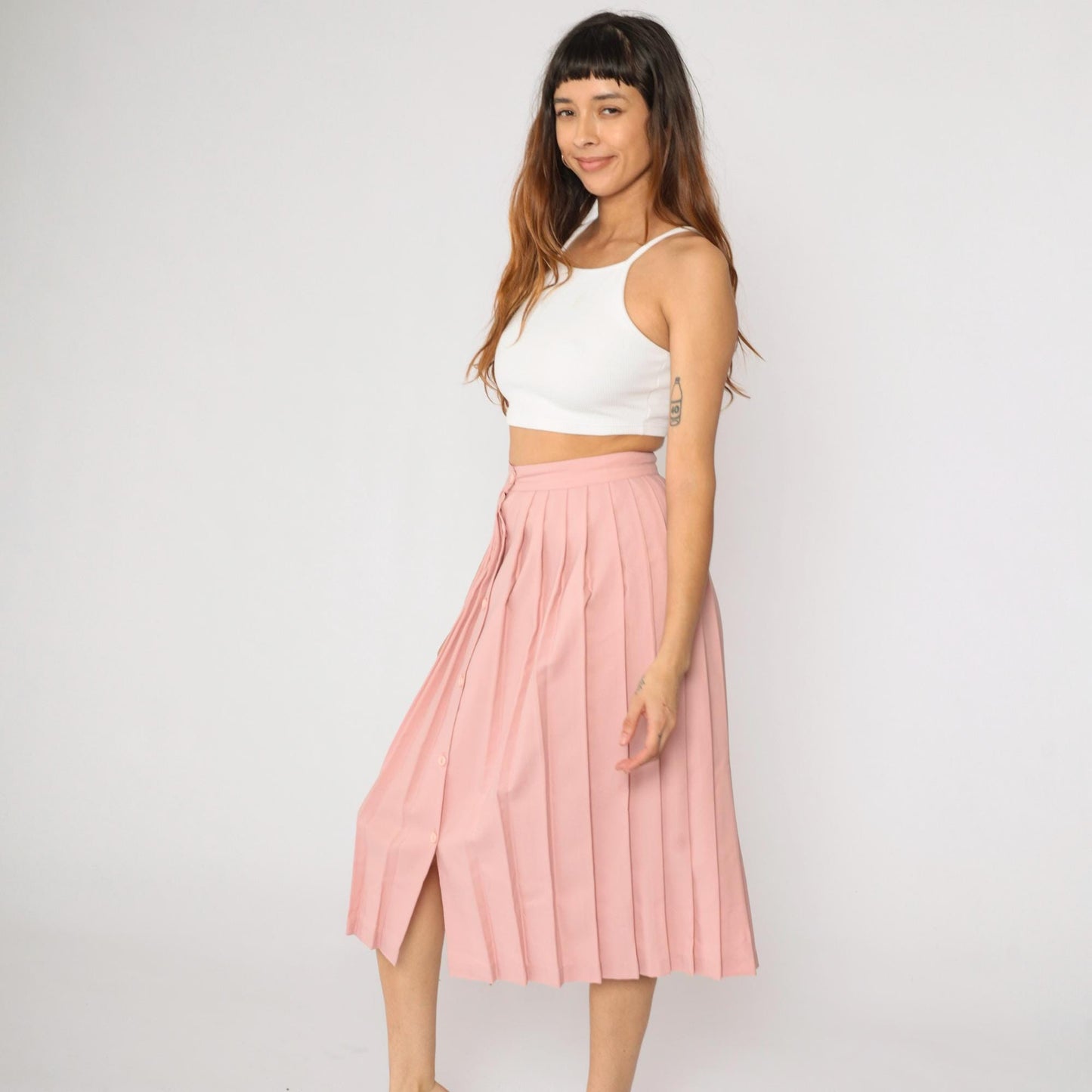 80s Nine to Five Pink Pleated Midi Skirt Button Front High Waist Small