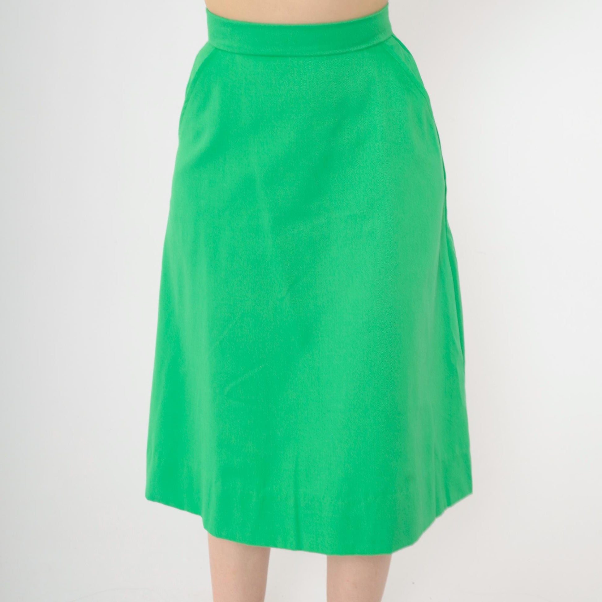 1970s Girl Scouts Midi Skirt Green A-Line High Waist Pockets Extra Small