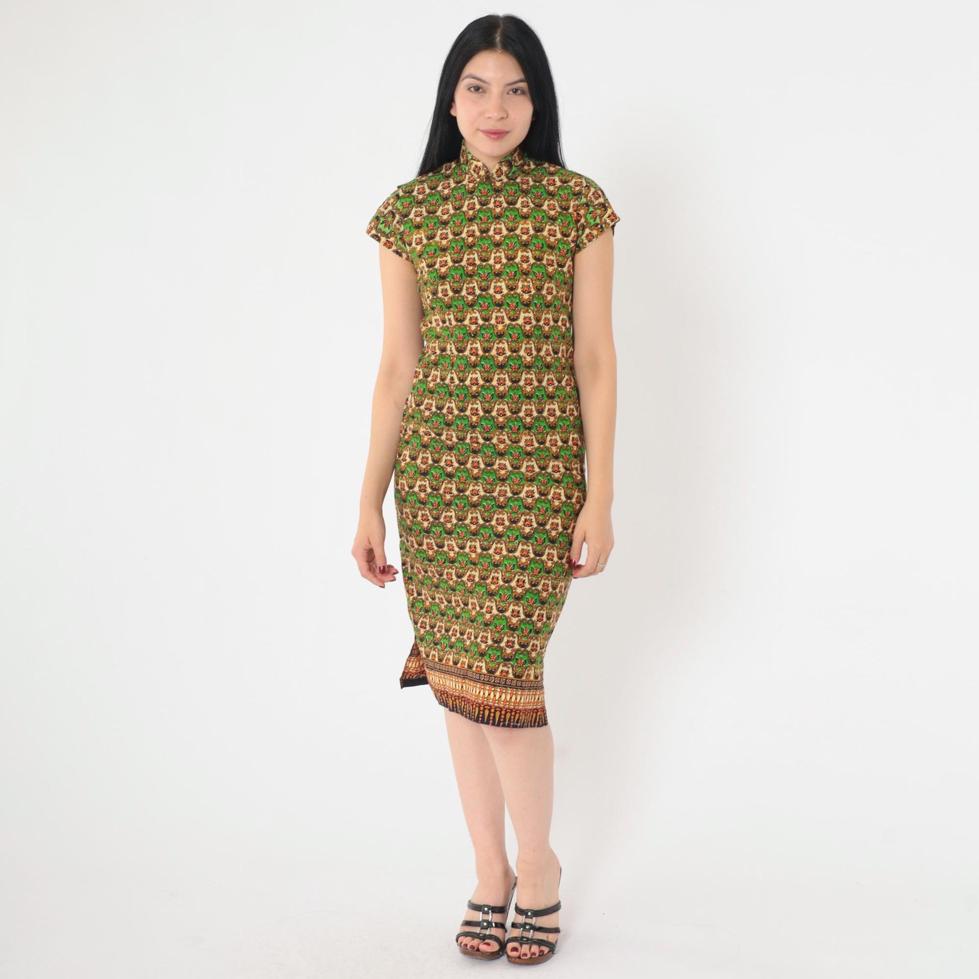70s Cheongsam-Style Dress Green Batik Floral Print Mandarin Collar Midi XS