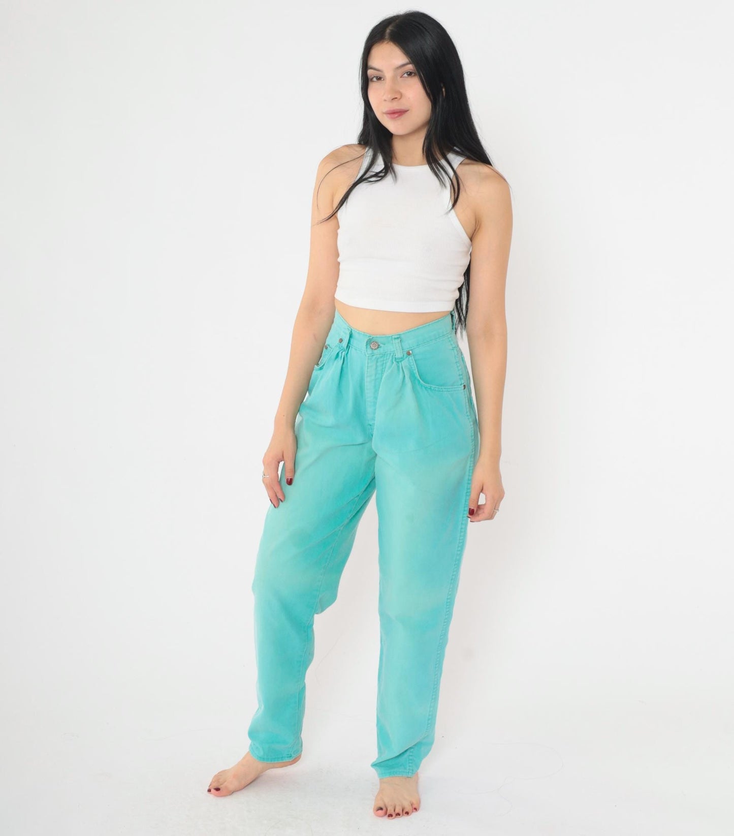 90s Zena Aqua Tapered Trousers High Waist Pleated Straight Leg Extra Small