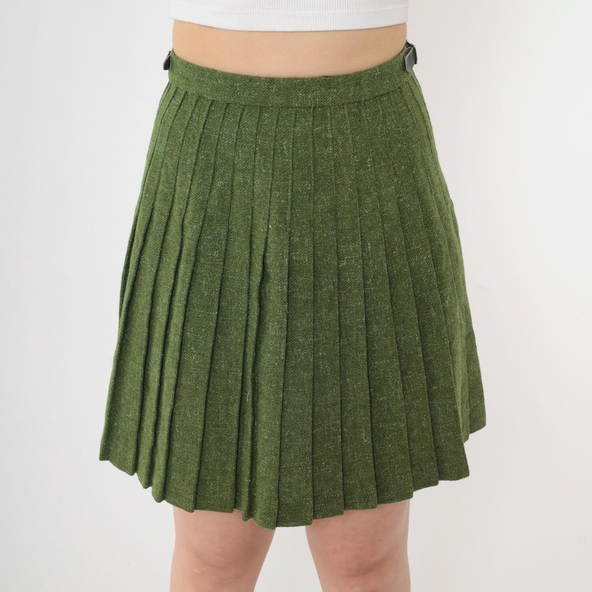 60s Wool Mini Skirt Olive Green Flecked High Waist Pleated XXS