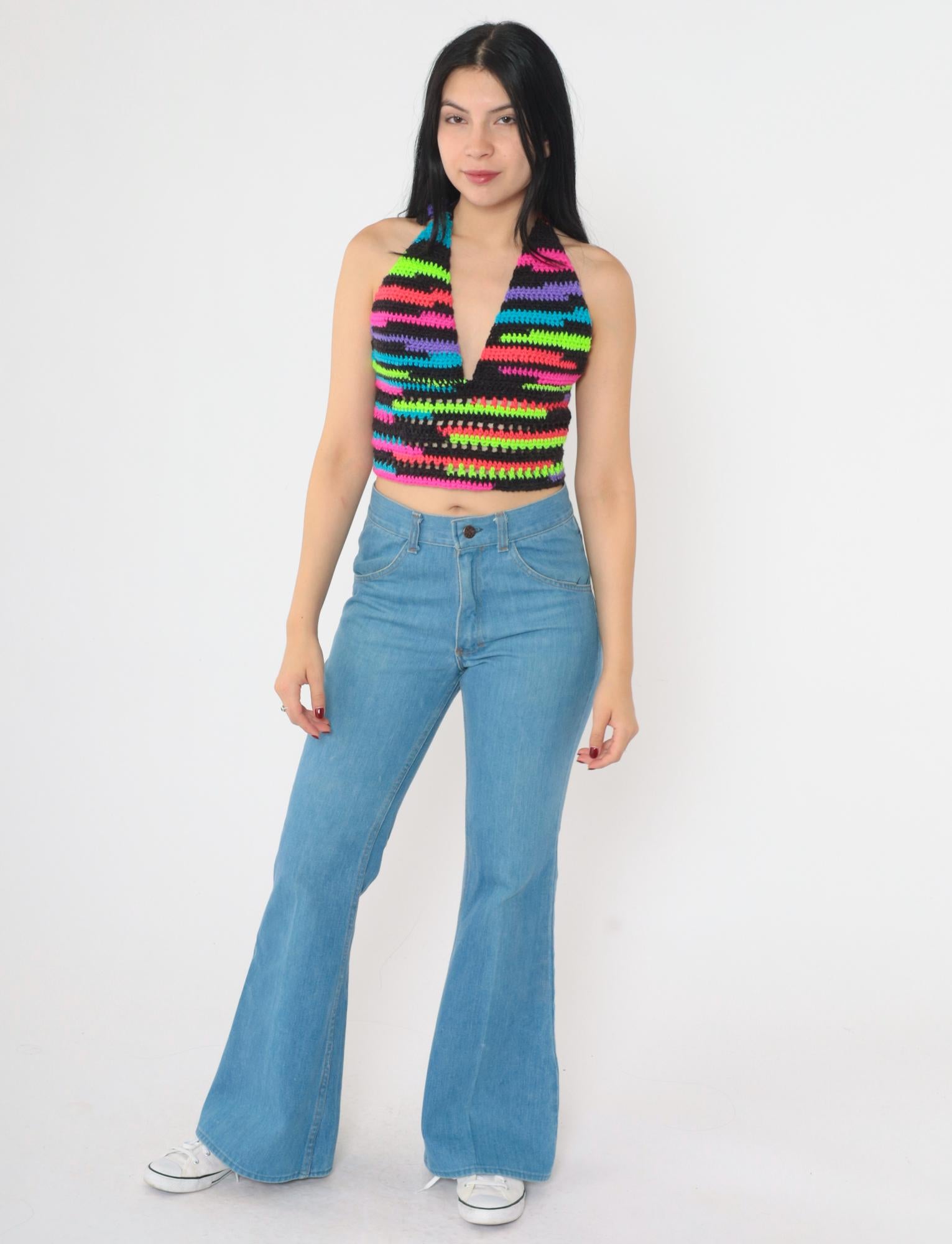 Y2K Neon Striped Crochet Halter Top Black V-Neck Tie-Back Small Medium