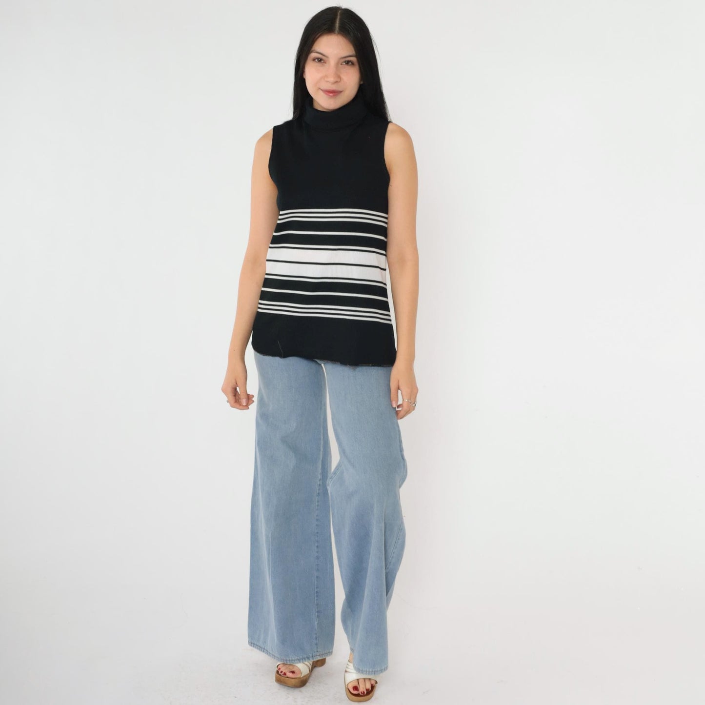 70s Black White Striped Mock Neck Tank Top Zip Back Small S