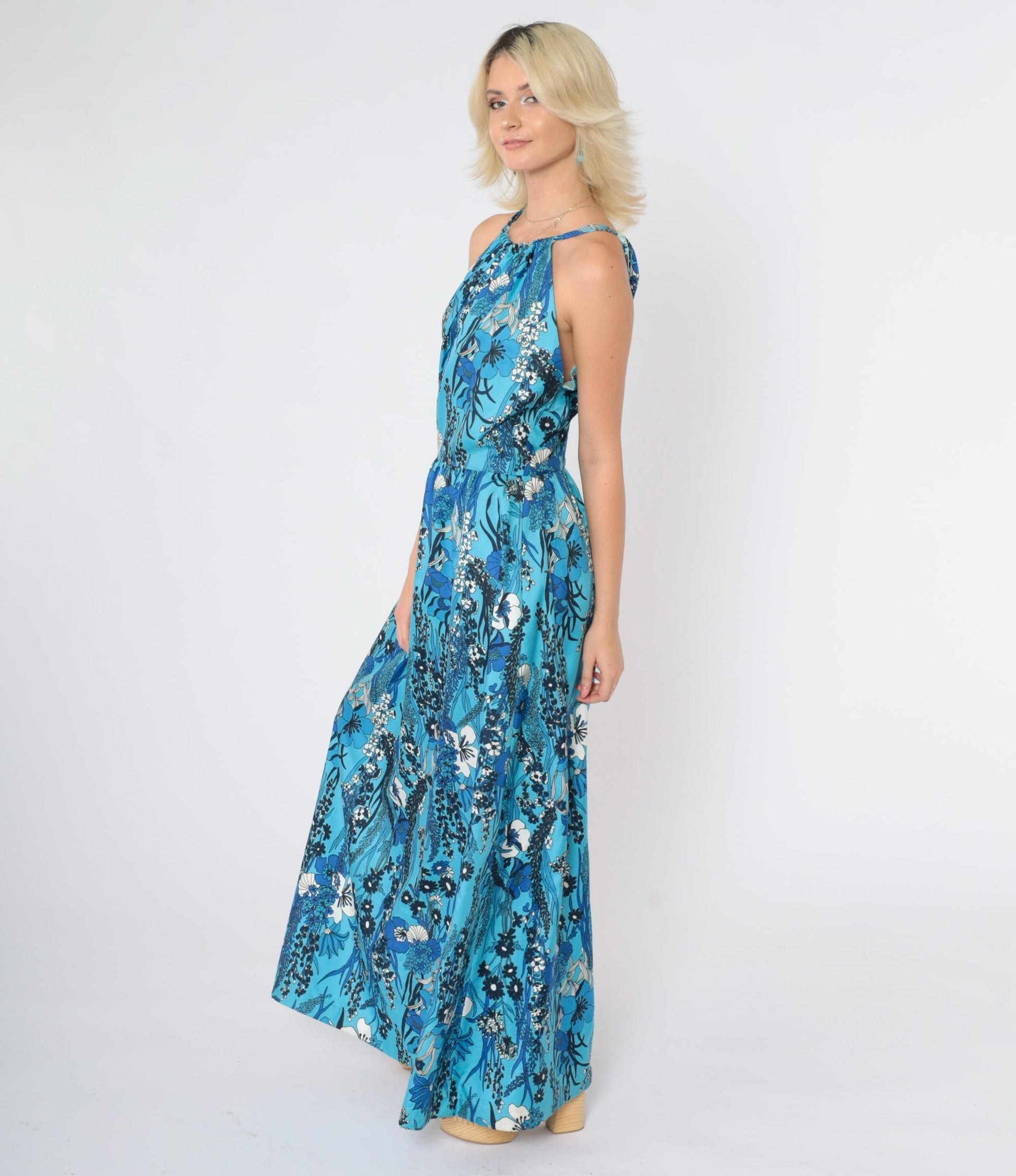 70s Blue Tropical Floral Halter Maxi Dress Deep V Back High Waist Small