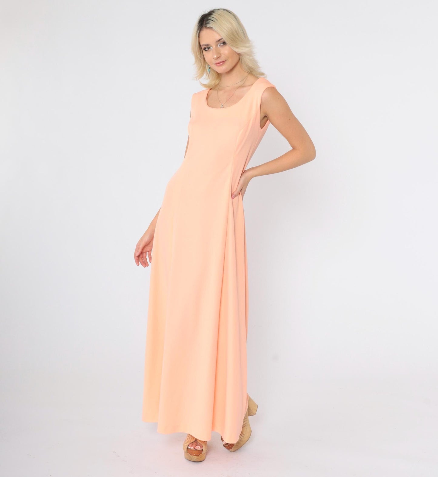 70s Peach Maxi Dress Sleeveless Princess Seam A-Line Disco Gown Small