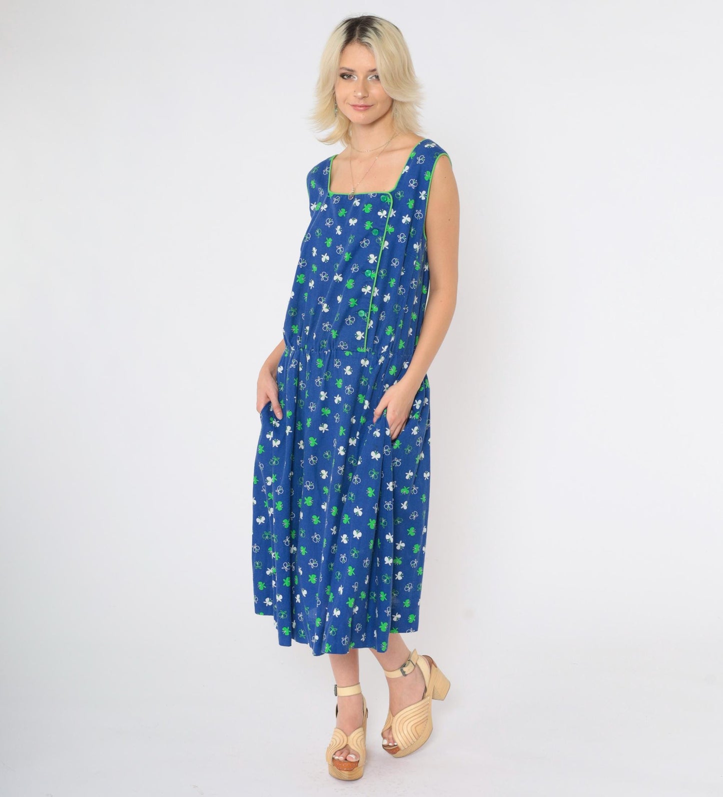 70s Butterfly Print Blue Midi Dress High Elastic Waist Sleeveless Large