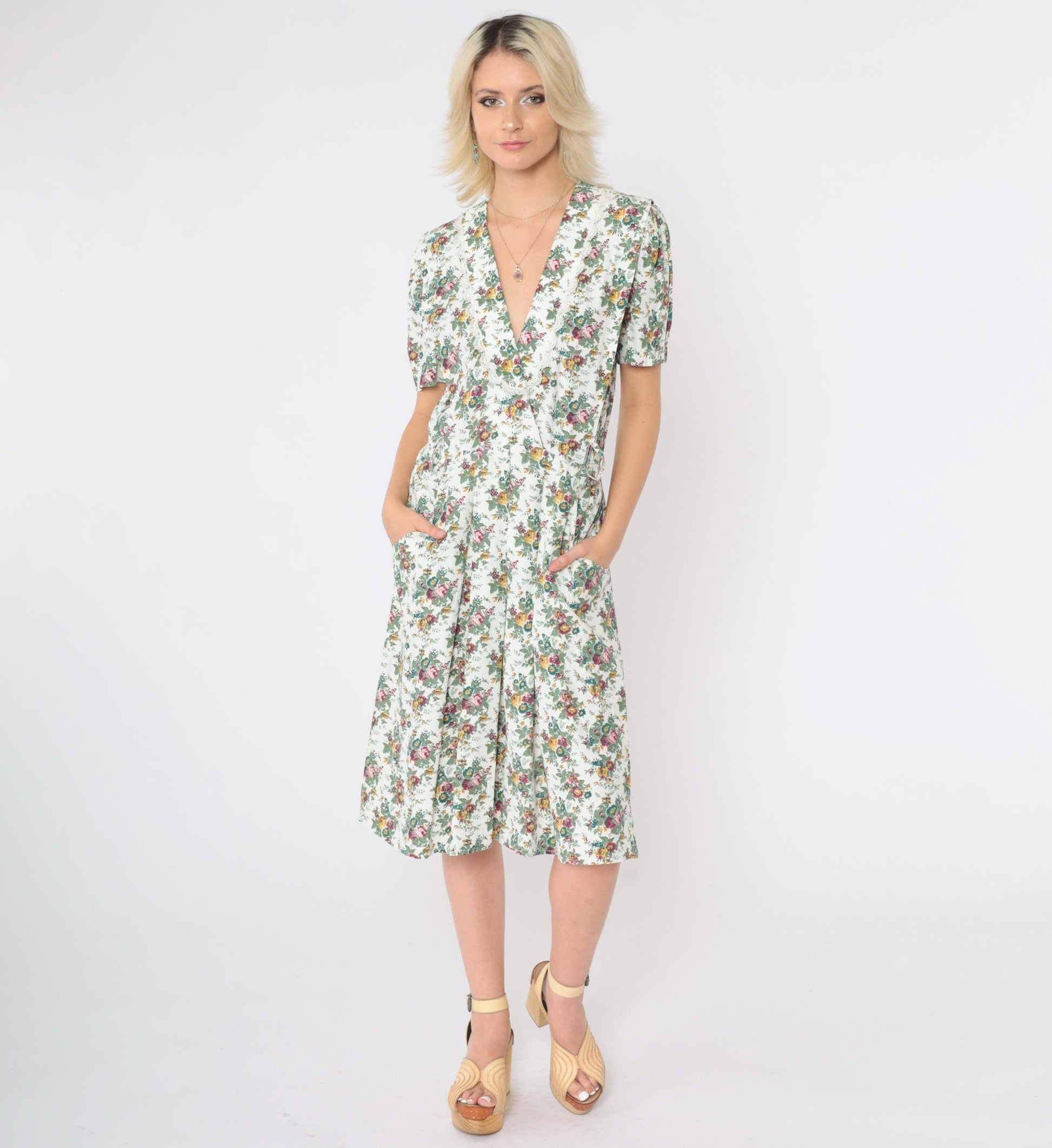 80s S.L. Petites Floral Midi Dress Deep V Puff Sleeve White Multicolor Small