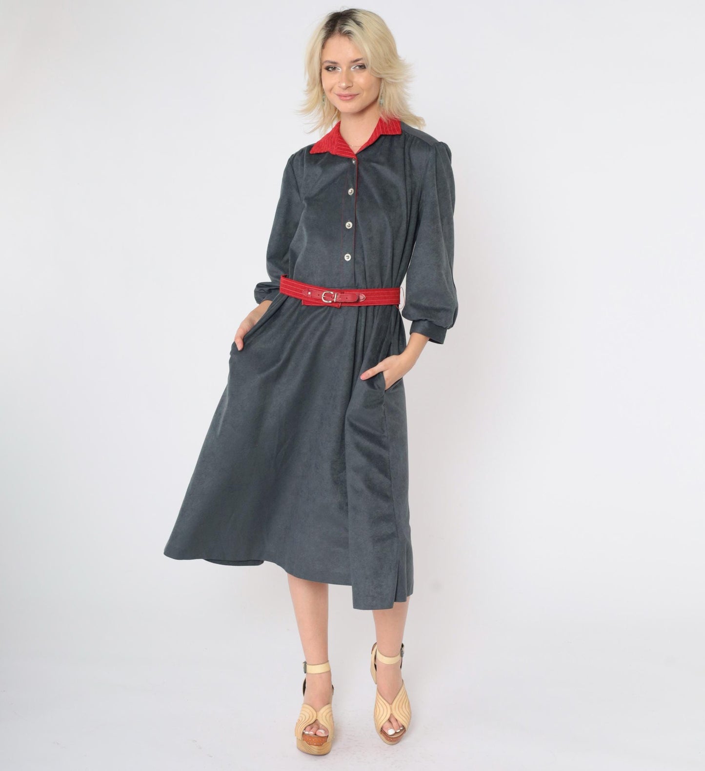 80s Velour Shirtdress Grey Red Contrast Puff Sleeve Midi Belted Medium
