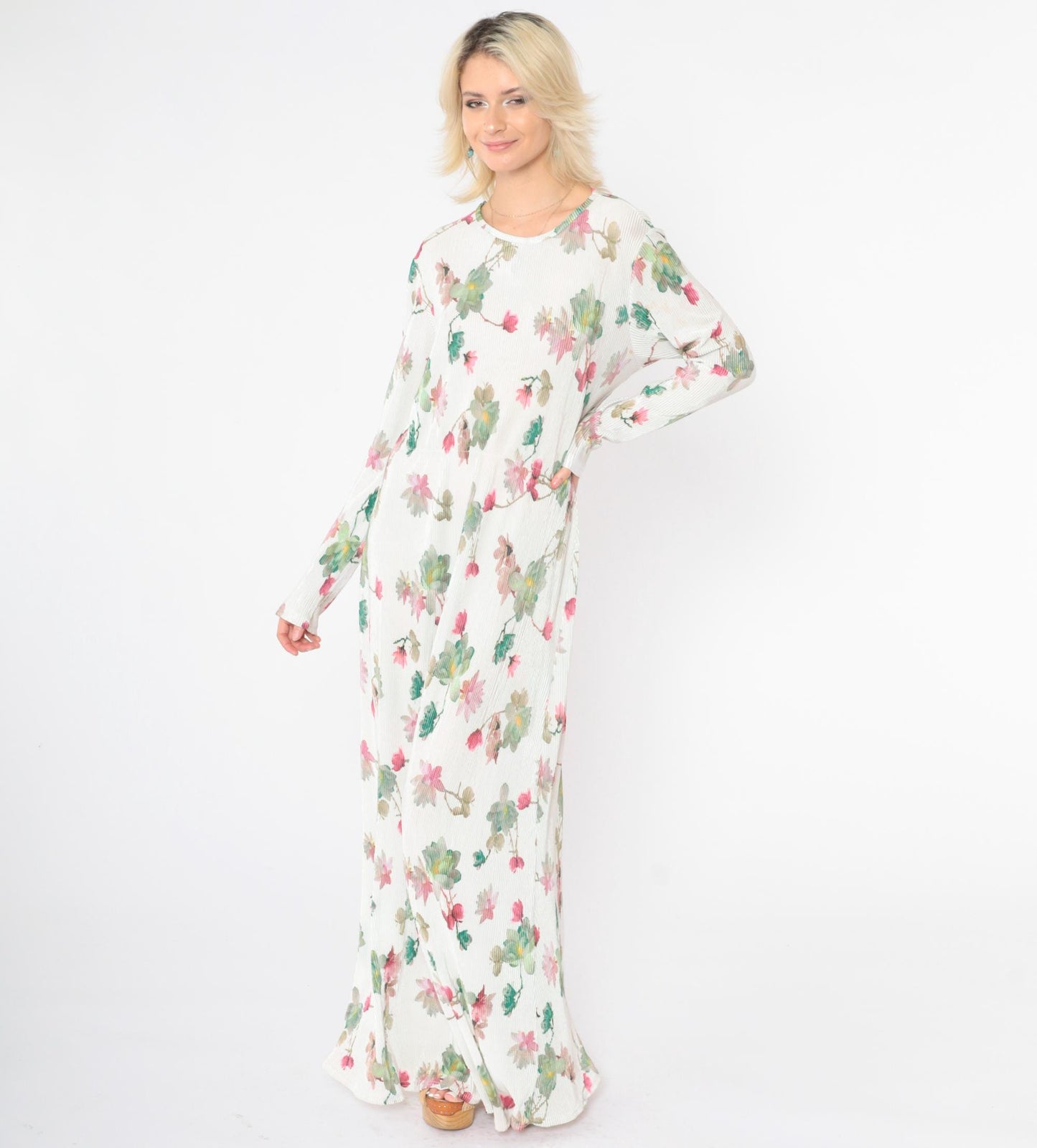 90s White Floral Maxi Dress High Elastic Waist Long Sleeve Ribbed Large L